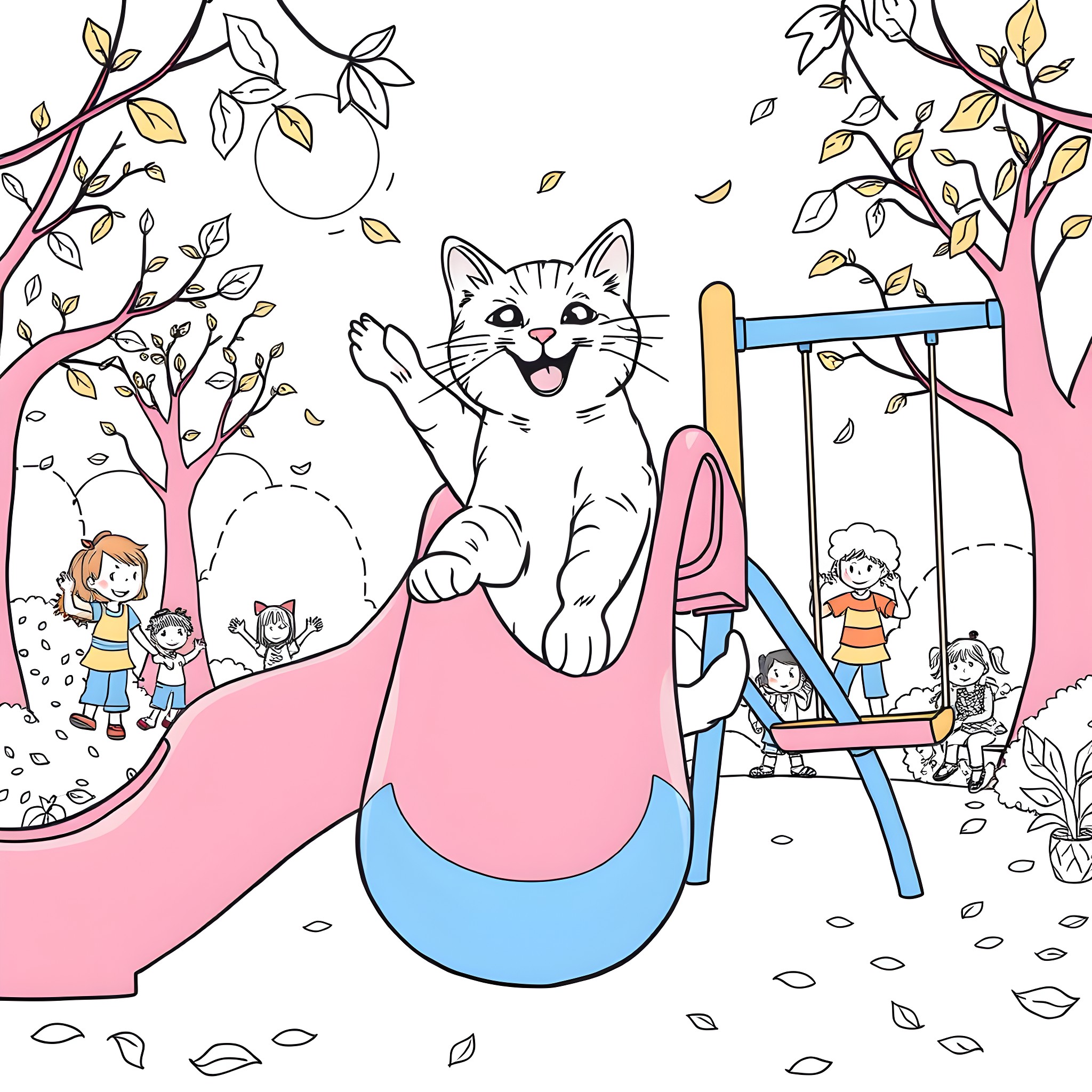 Cat playing on the playground in autumn Coloring Page (free black-and-white line drawing printable PDF for all, from beginners to advanced learners, including children, teens, adults, and seniors)