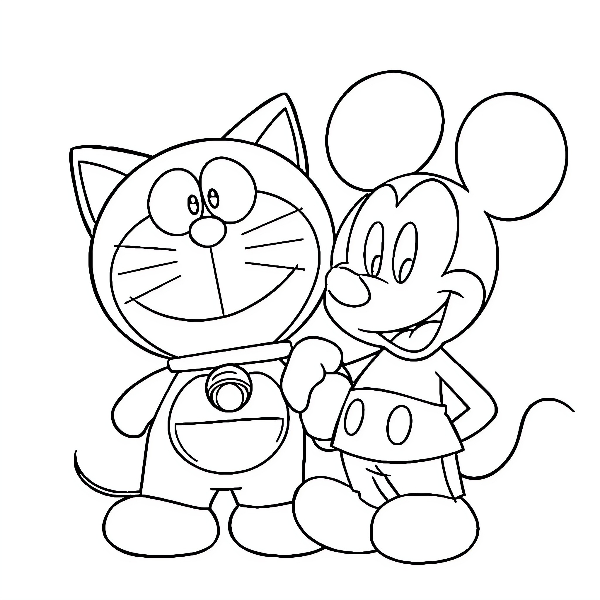 Doraemon and Mickey Mouse cheerfully together Coloring Page (free black-and-white line drawing printable PDF for all, from beginners to advanced learners, including children, teens, adults, and seniors)