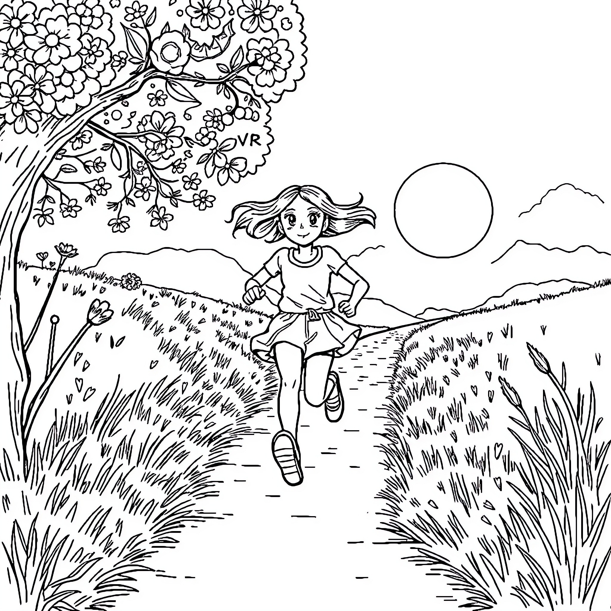 Woman jogging through a flowery meadow Coloring Page (free black-and-white line drawing printable PDF for all, from beginners to advanced learners, including children, teens, adults, and seniors)