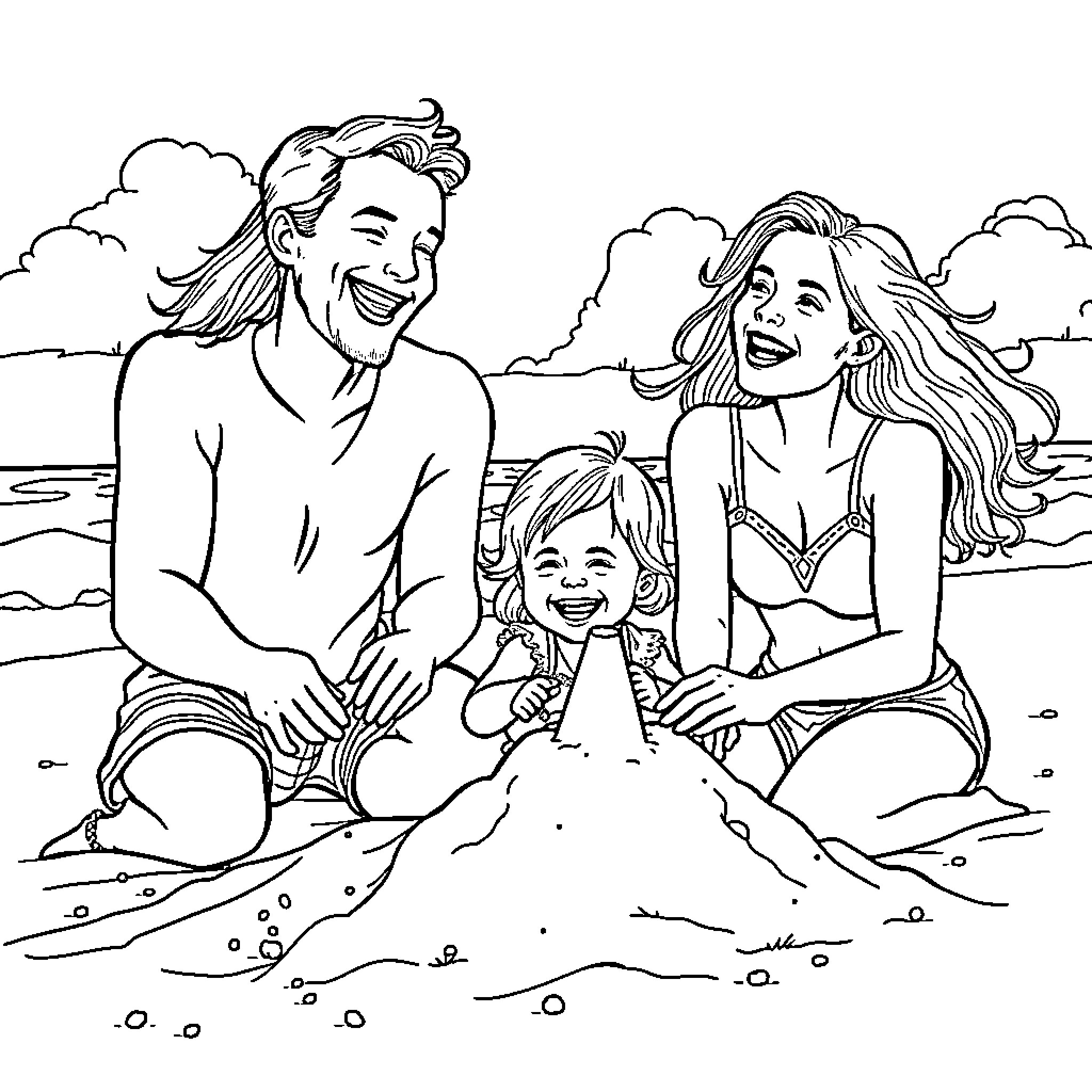 Family enjoying a fun day at the beach Coloring Page (free black-and-white line drawing printable PDF for all, from beginners to advanced learners, including children, teens, adults, and seniors)