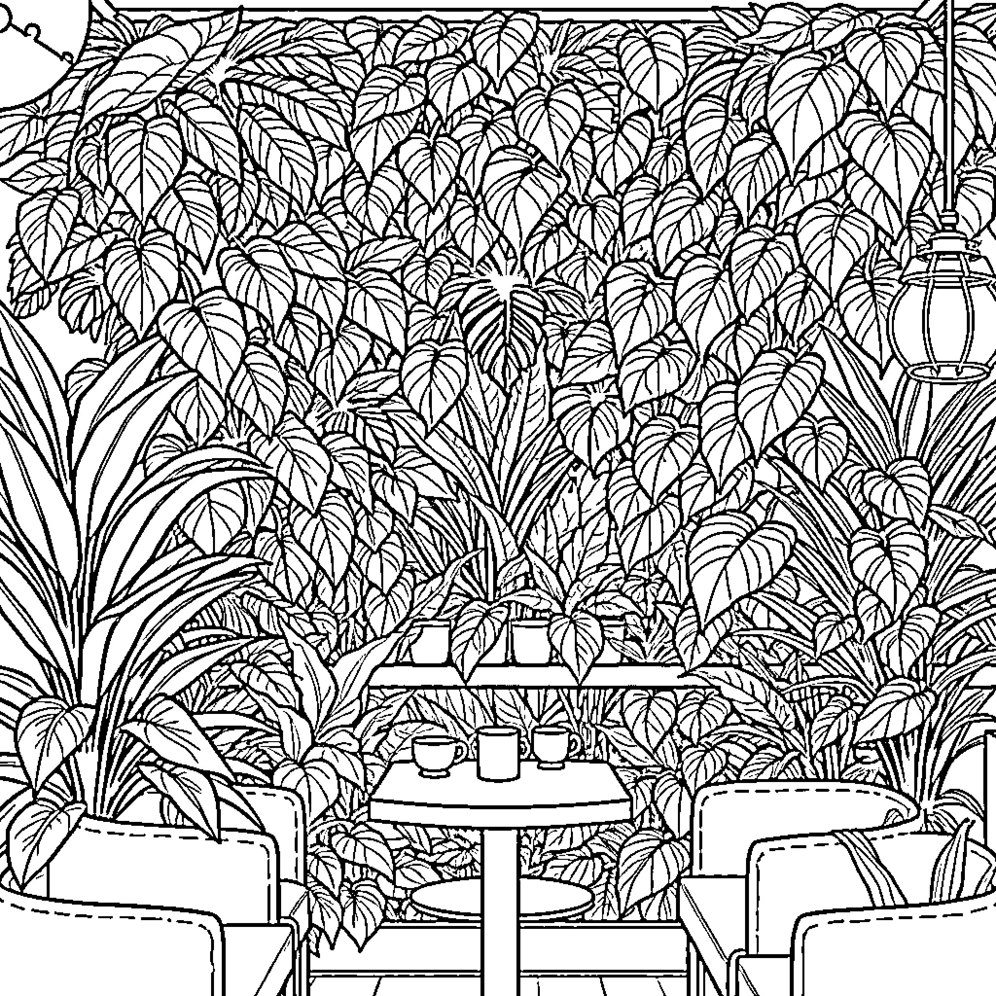 Plant-filled cozy outdoor seating area Coloring Page (free black-and-white line drawing printable PDF for all, from beginners to advanced learners, including children, teens, adults, and seniors)