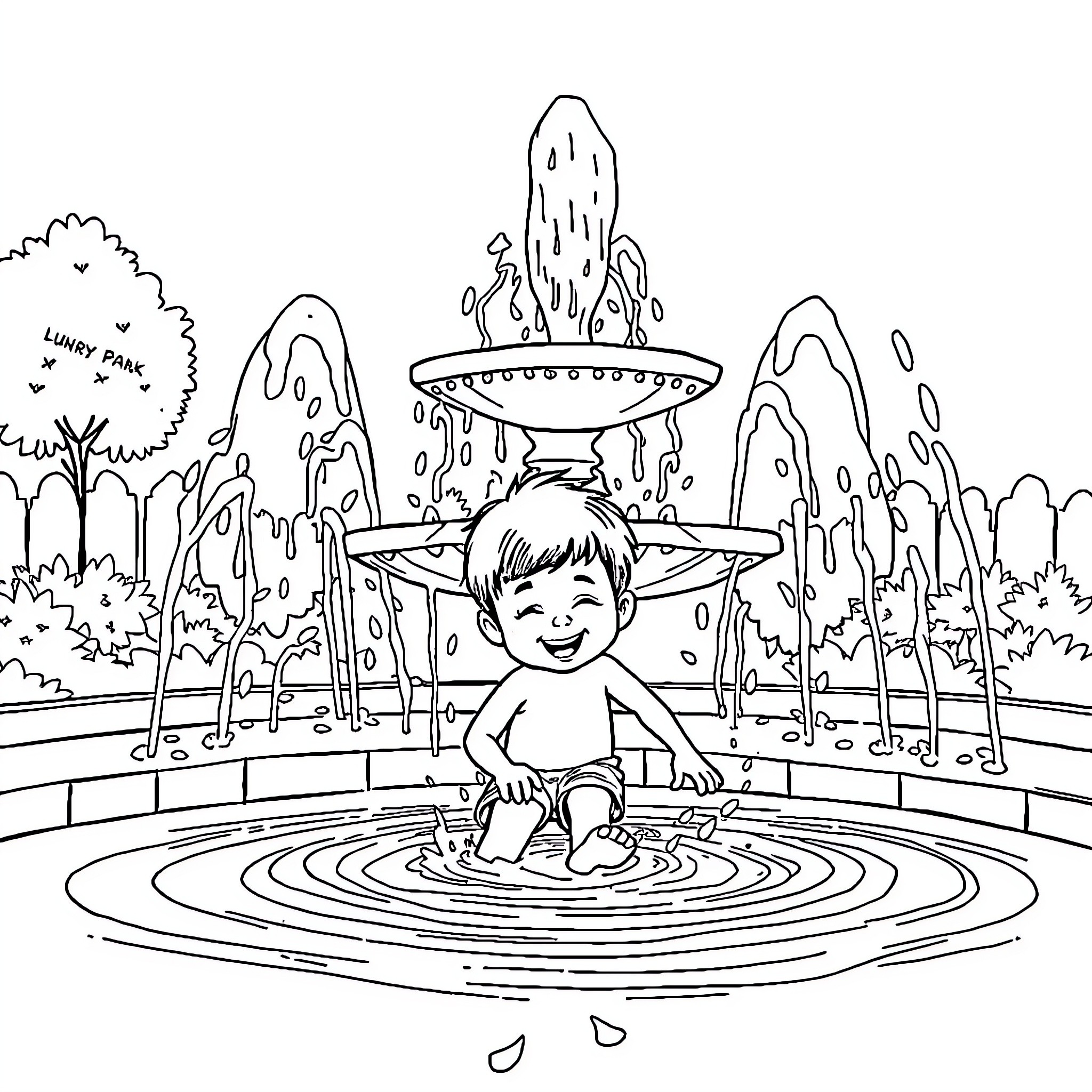 Fountain Boy Enjoying Splashing Water on a Sunny Day Coloring Page (free black-and-white line drawing printable PDF for all, from beginners to advanced learners, including children, teens, adults, and seniors)