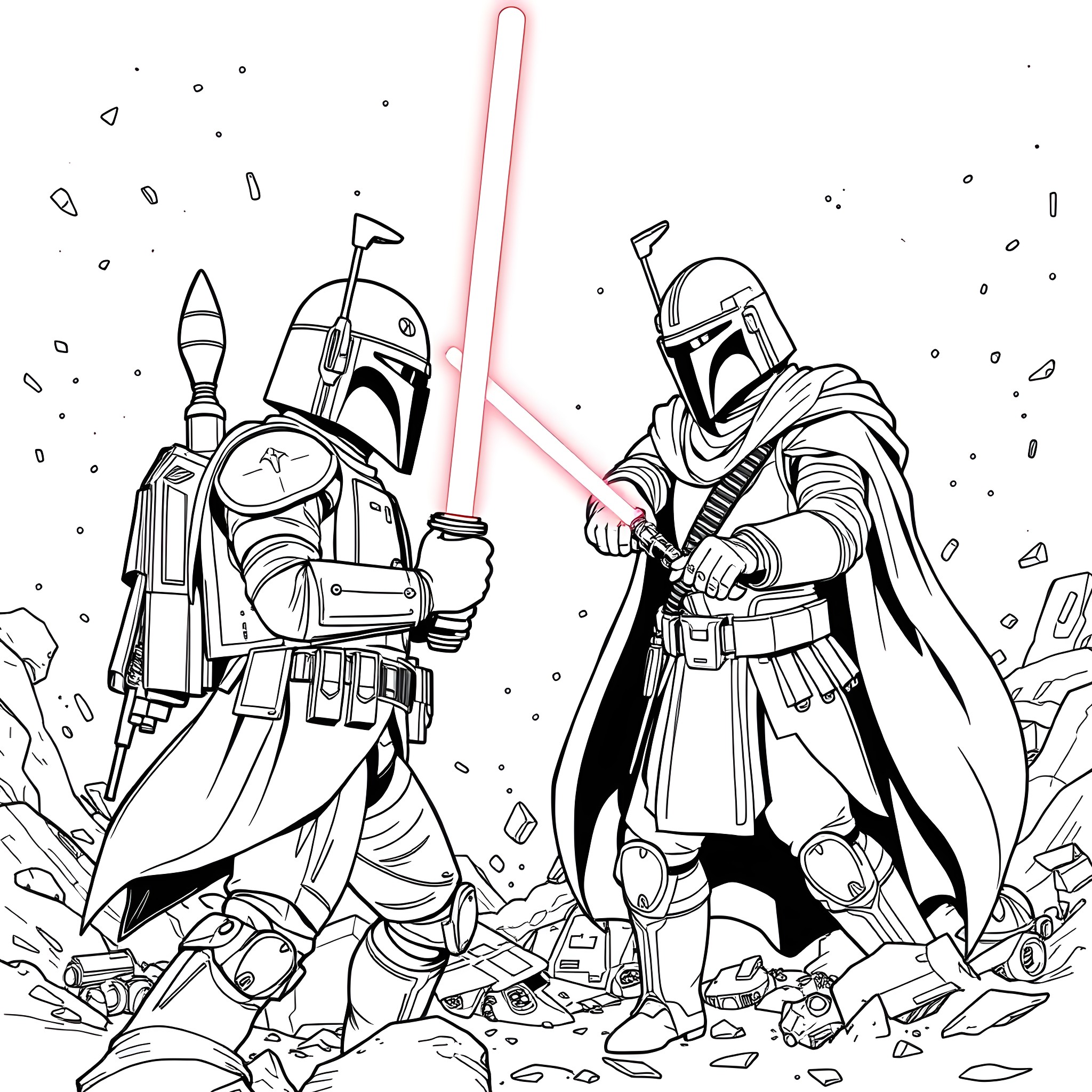 Boba Fett Engaged in Galactic Battles with Lightsabers Coloring Page (free black-and-white line drawing printable PDF for all, from beginners to advanced learners, including children, teens, adults, and seniors)
