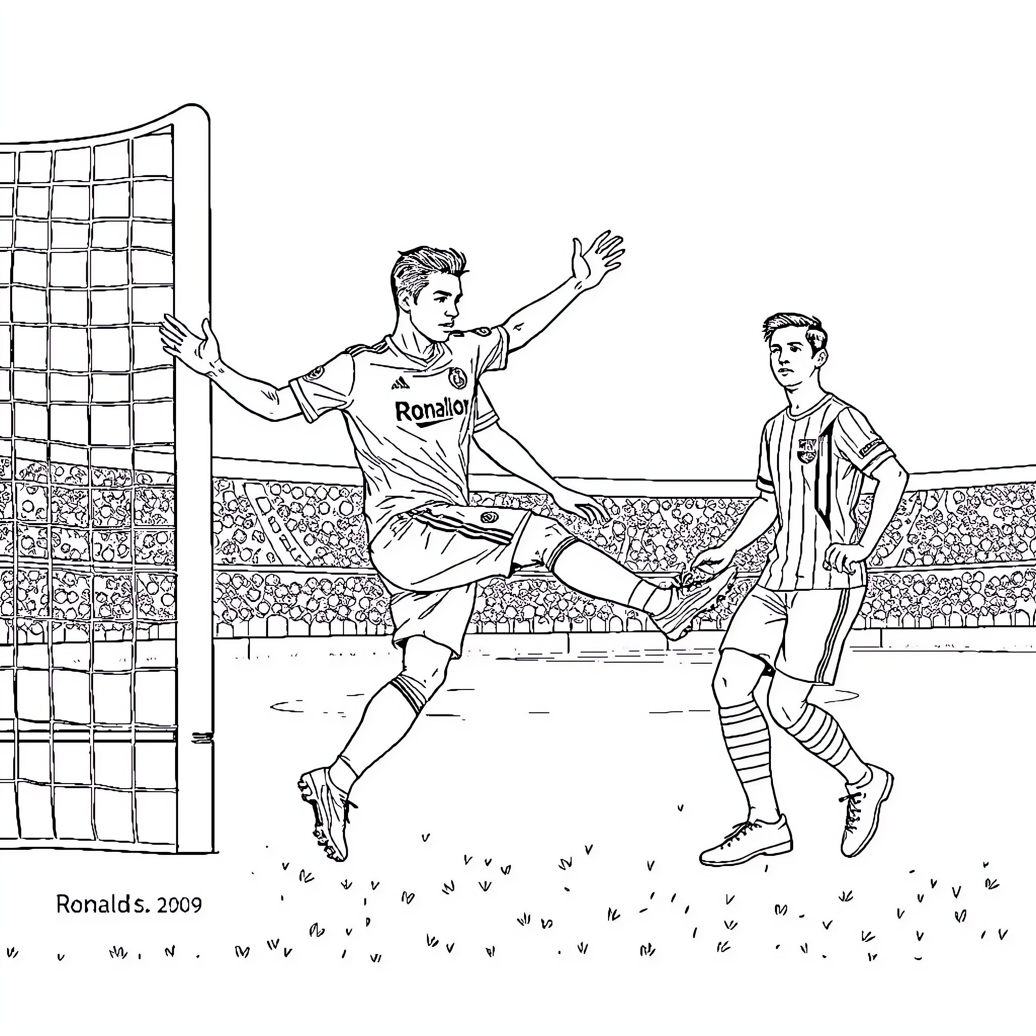 Ronaldo's Dramatic Soccer Moment on the Field Coloring Page (free black-and-white line drawing printable PDF for all, from beginners to advanced learners, including children, teens, adults, and seniors)