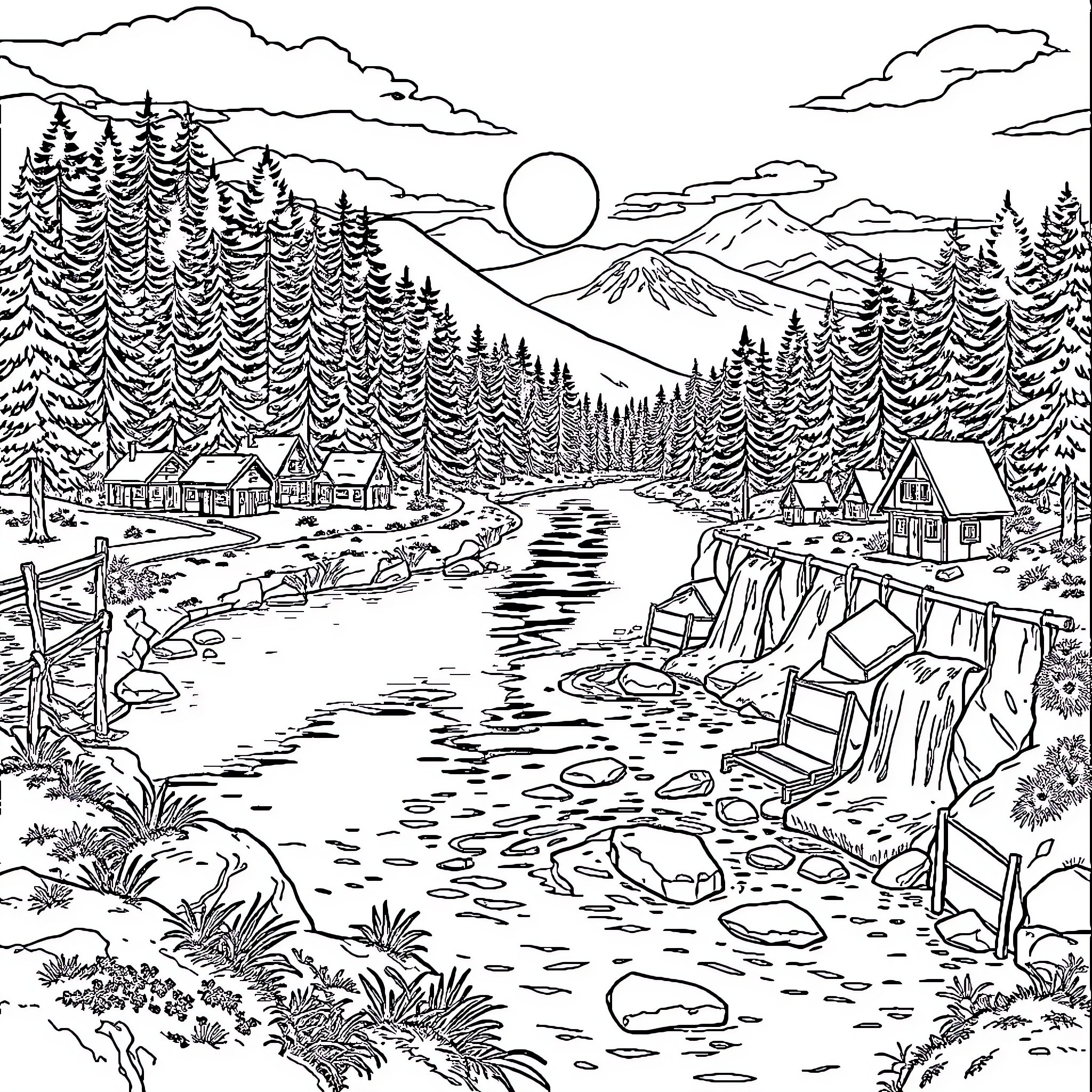 Lake scene with mountain, cabins, and flowing river Coloring Page (free black-and-white line drawing printable PDF for all, from beginners to advanced learners, including children, teens, adults, and seniors)