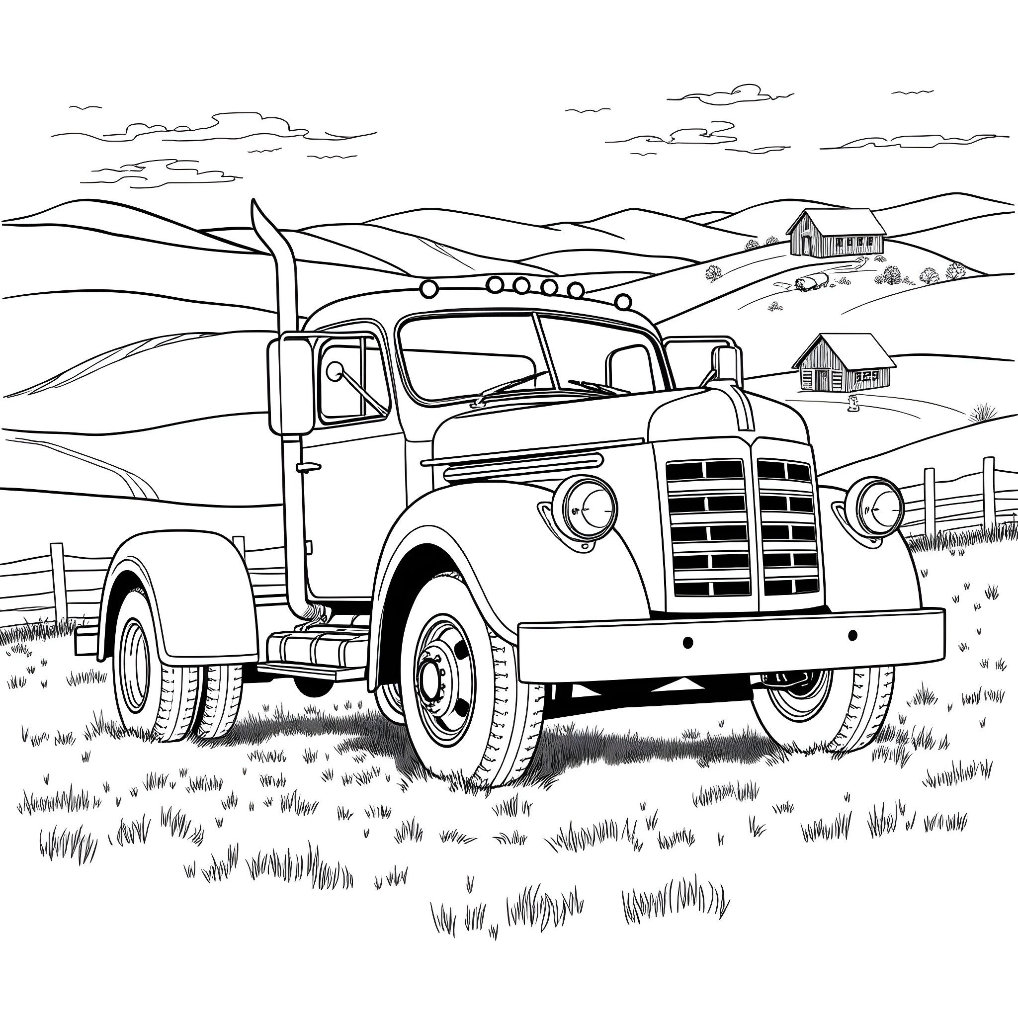 Truck Transporting Goods Through Scenic Countryside Coloring Page (free black-and-white line drawing printable PDF for all, from beginners to advanced learners, including children, teens, adults, and seniors)
