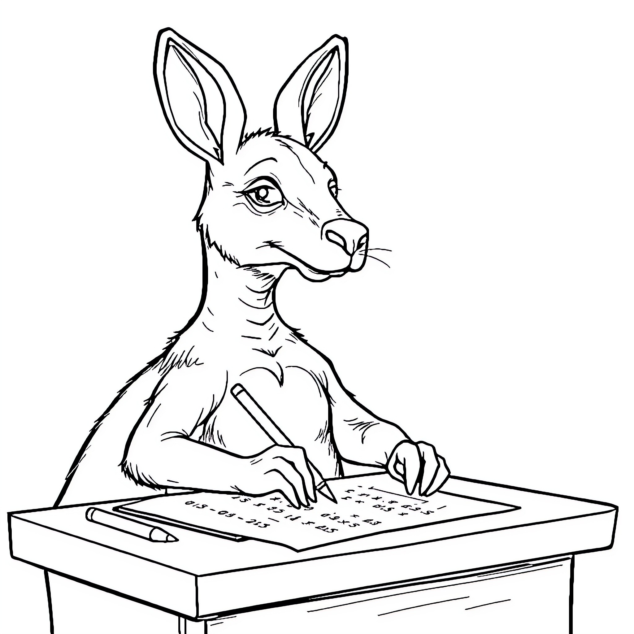 Kangaroo Focused on Sketching at Desk Coloring Page (free black-and-white line drawing printable PDF for all, from beginners to advanced learners, including children, teens, adults, and seniors)