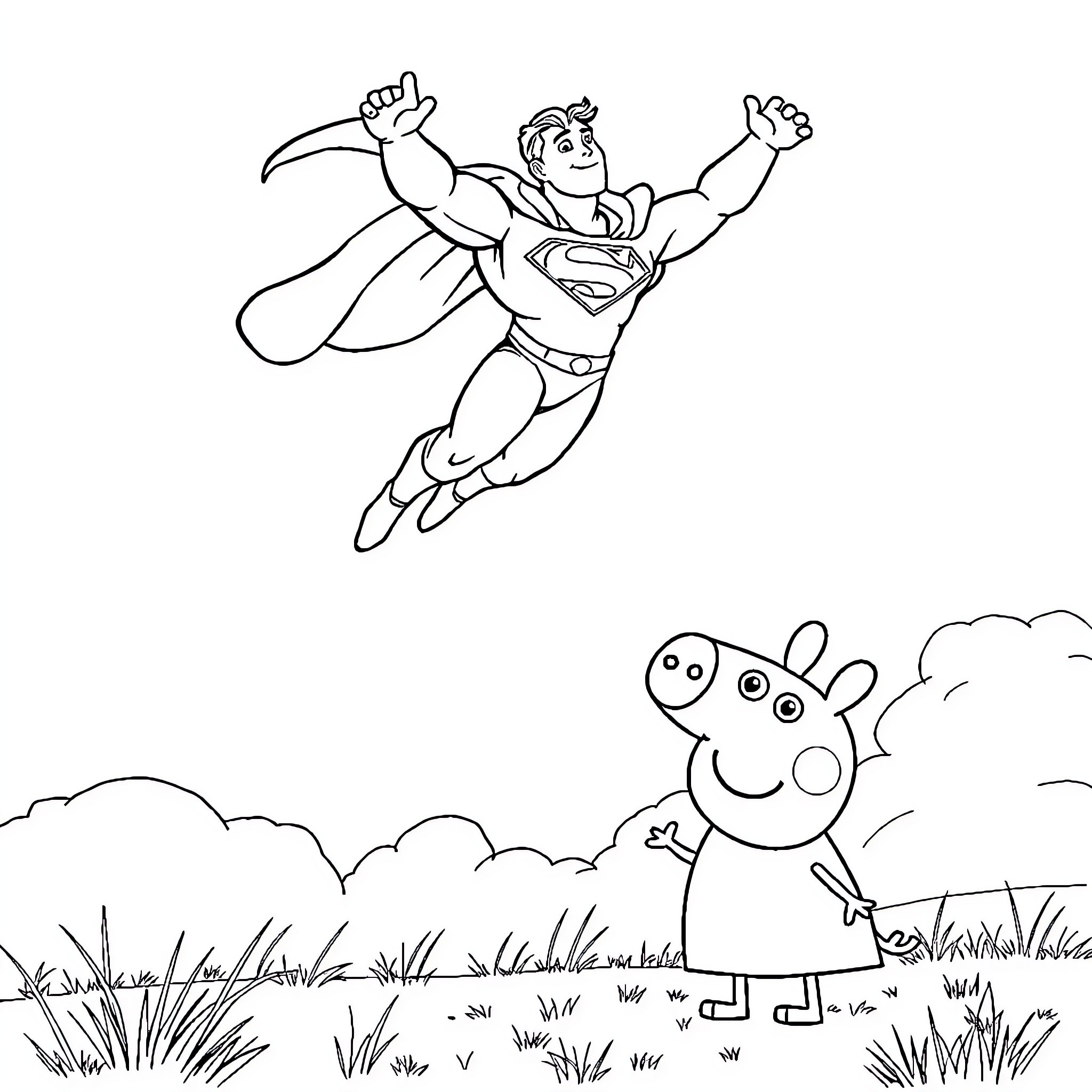 Superman Soaring Through the Sky Coloring Page (free black-and-white line drawing printable PDF for all, from beginners to advanced learners, including children, teens, adults, and seniors)