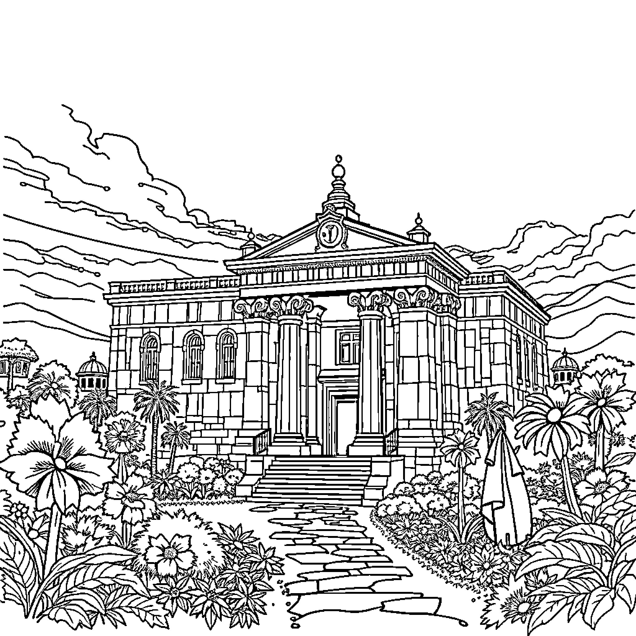 Solomon's Temple with ornate architecture and lush greenery Coloring Page (free black-and-white line drawing printable PDF for all, from beginners to advanced learners, including children, teens, adults, and seniors)