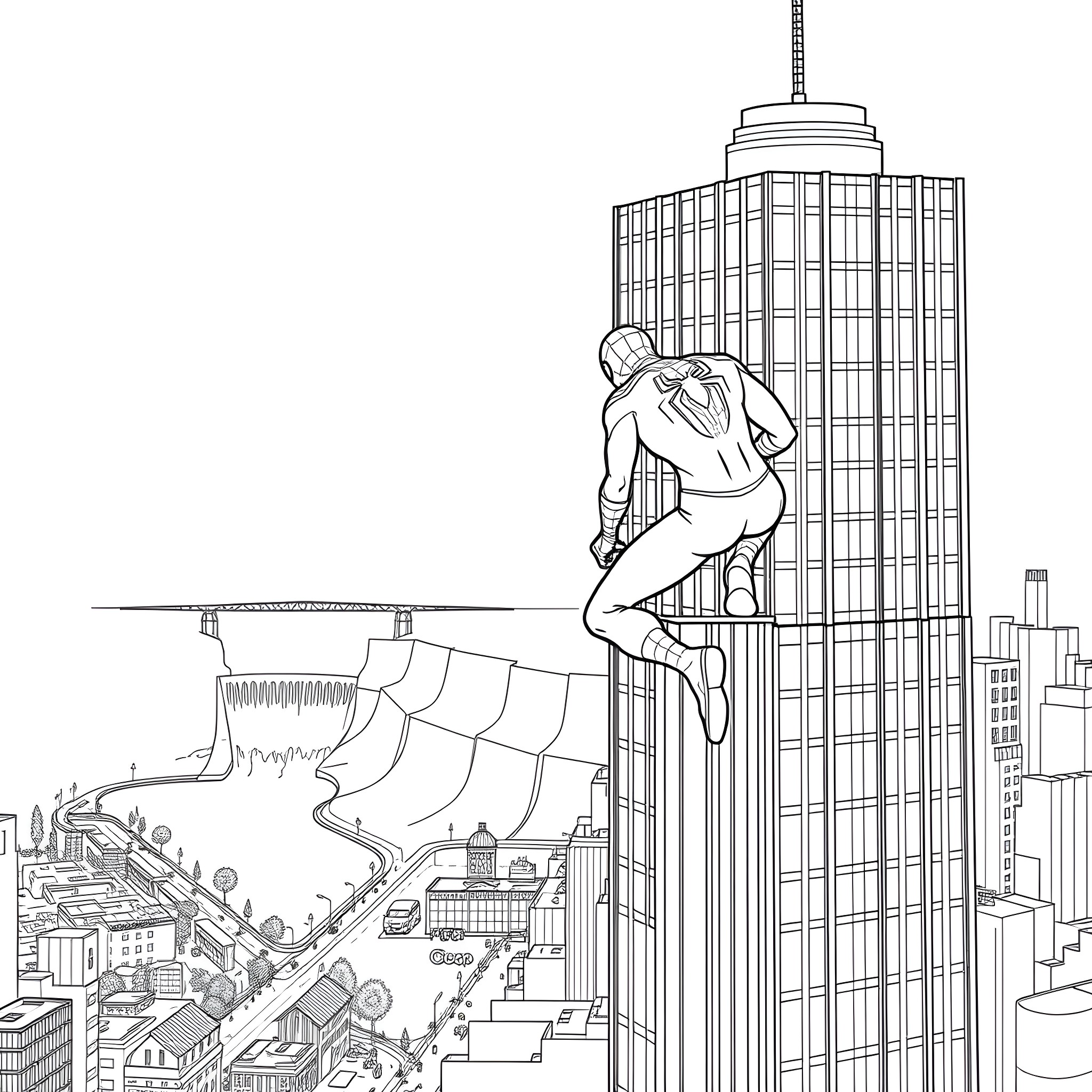 Spider-Man leaping across the city skyline Coloring Page (free black-and-white line drawing printable PDF for all, from beginners to advanced learners, including children, teens, adults, and seniors)