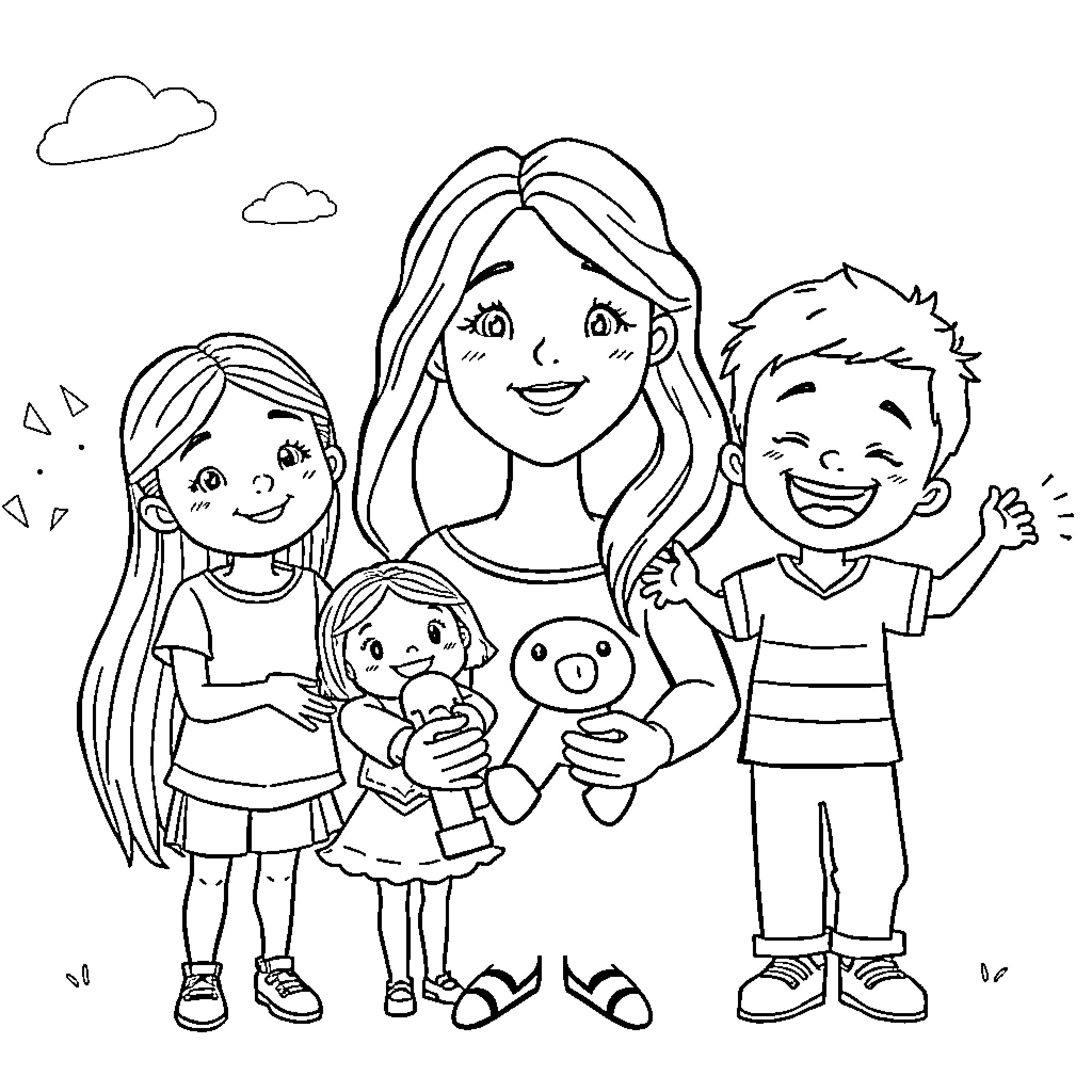 Family Enjoying a Happy Moment Together Coloring Page (free black-and-white line drawing printable PDF for all, from beginners to advanced learners, including children, teens, adults, and seniors)