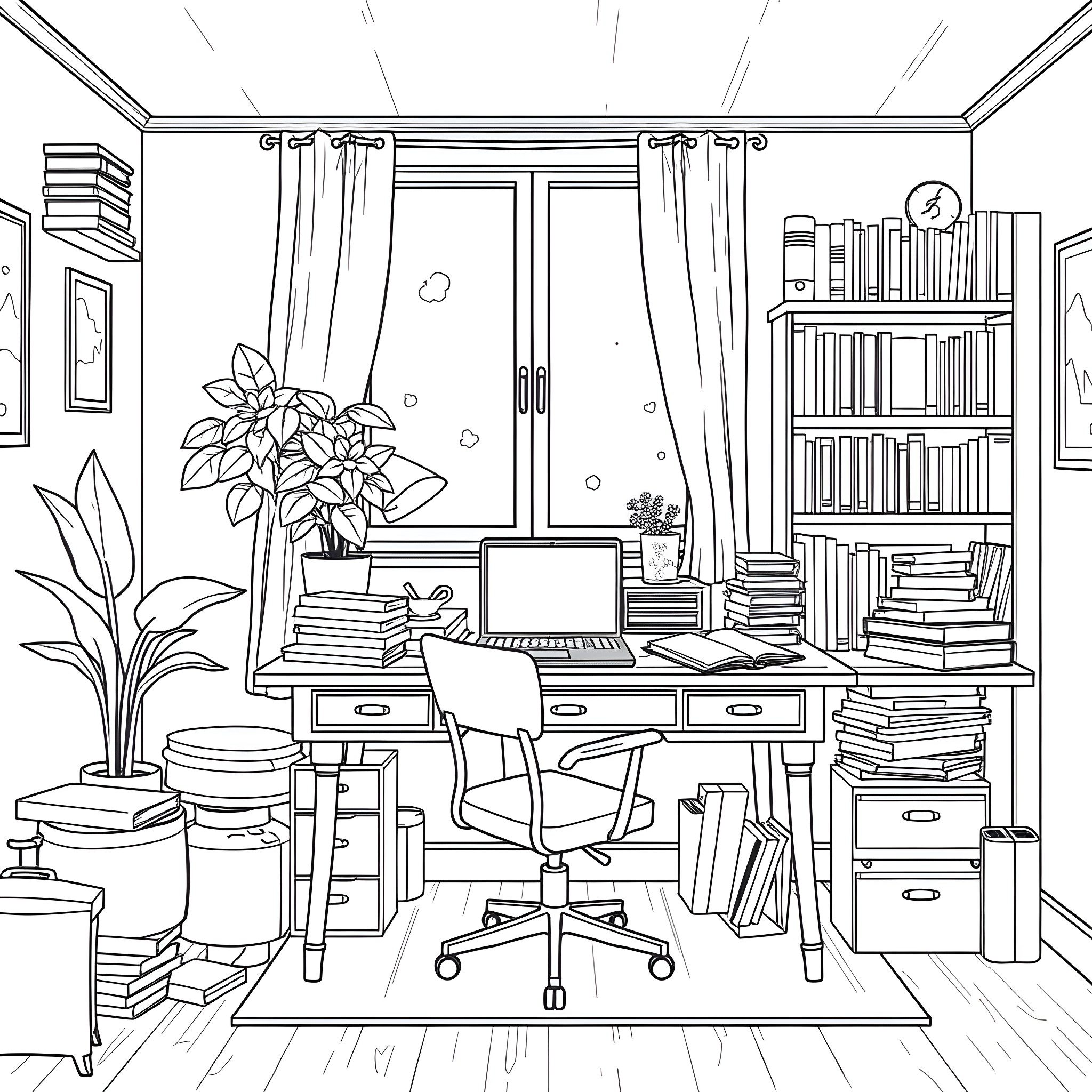 Home Office with Desk, Books, and Plants Coloring Page (free black-and-white line drawing printable PDF for all, from beginners to advanced learners, including children, teens, adults, and seniors)