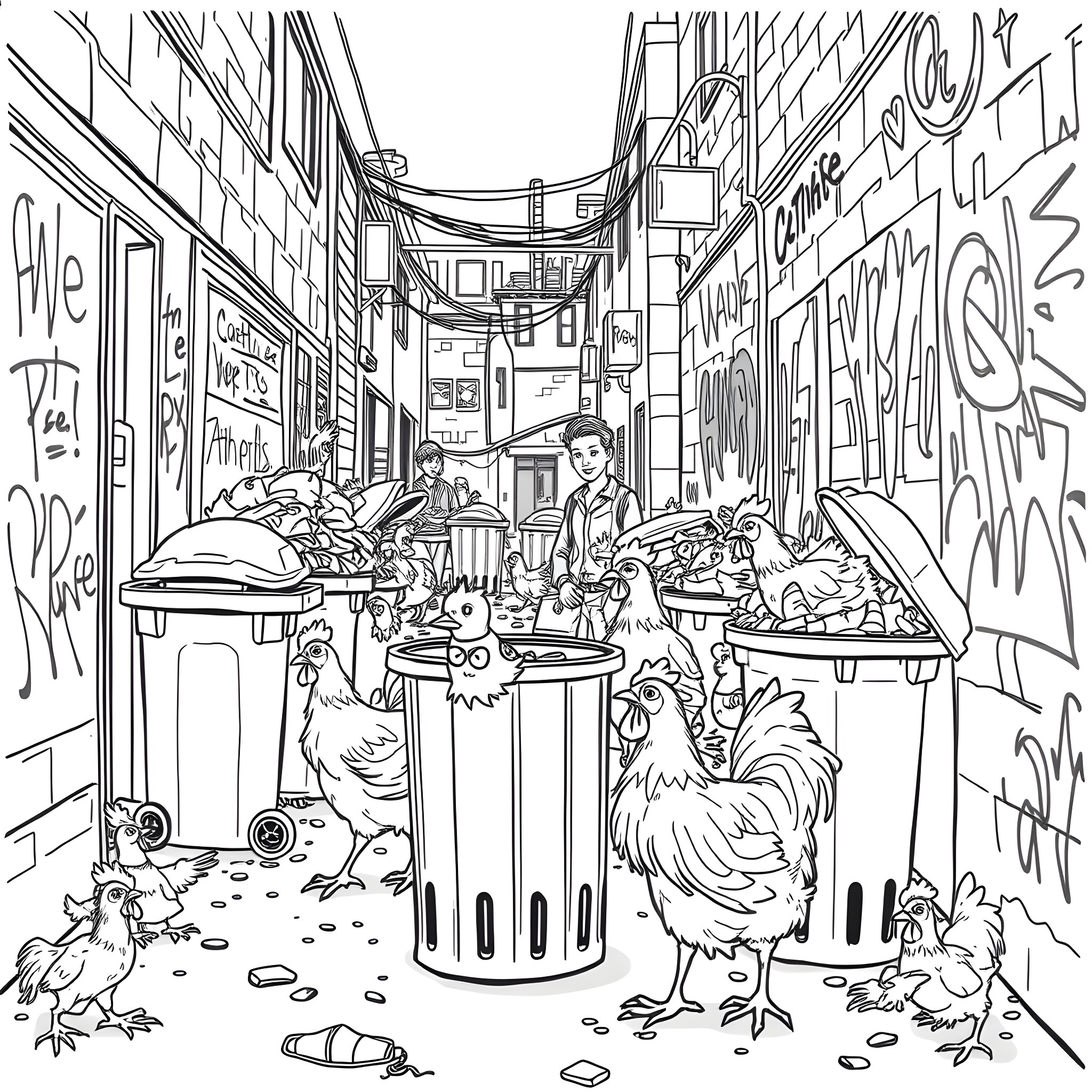 Chicken chaos in the city alley Coloring Page (free black-and-white line drawing printable PDF for all, from beginners to advanced learners, including children, teens, adults, and seniors)