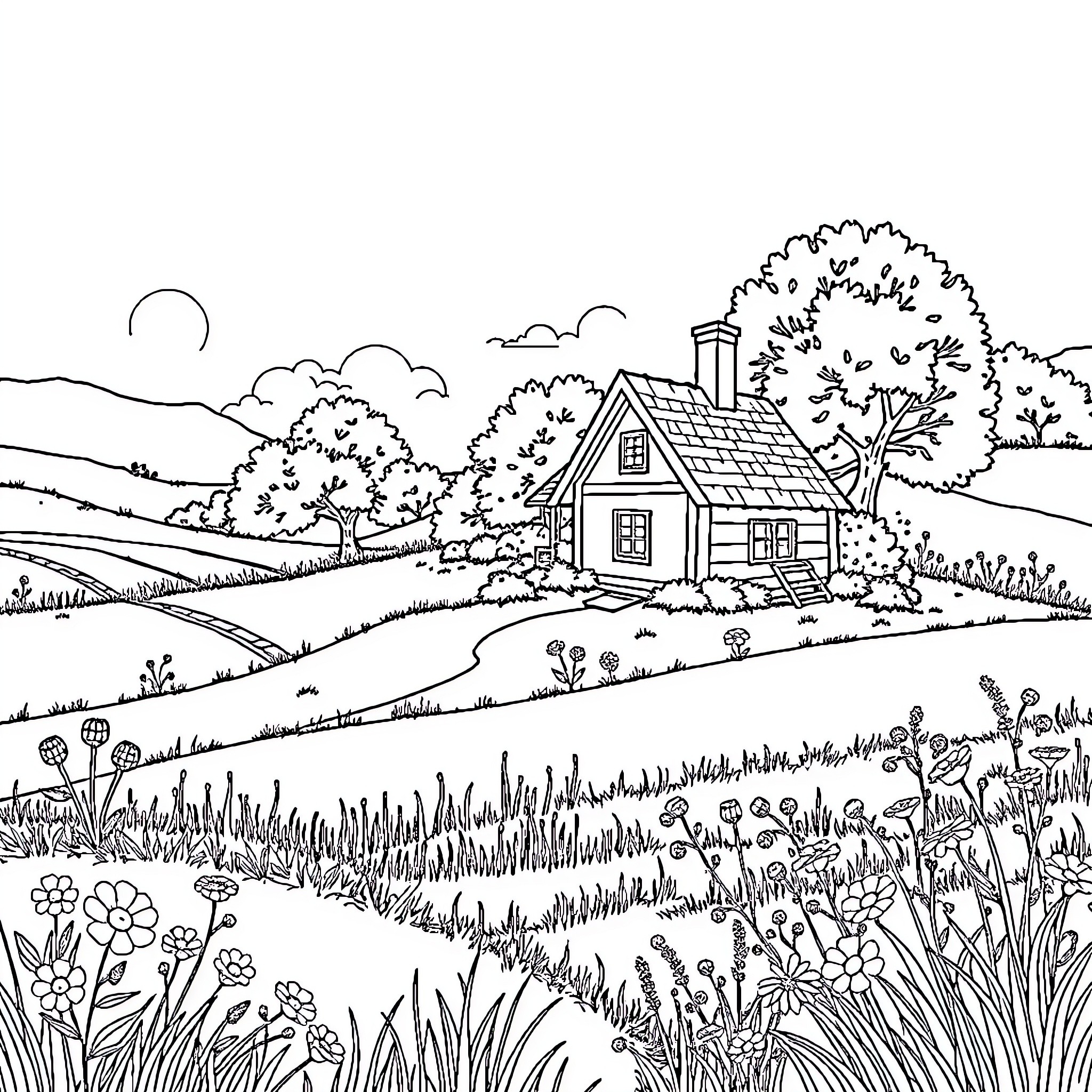 House in a peaceful countryside landscape Coloring Page (free black-and-white line drawing printable PDF for all, from beginners to advanced learners, including children, teens, adults, and seniors)