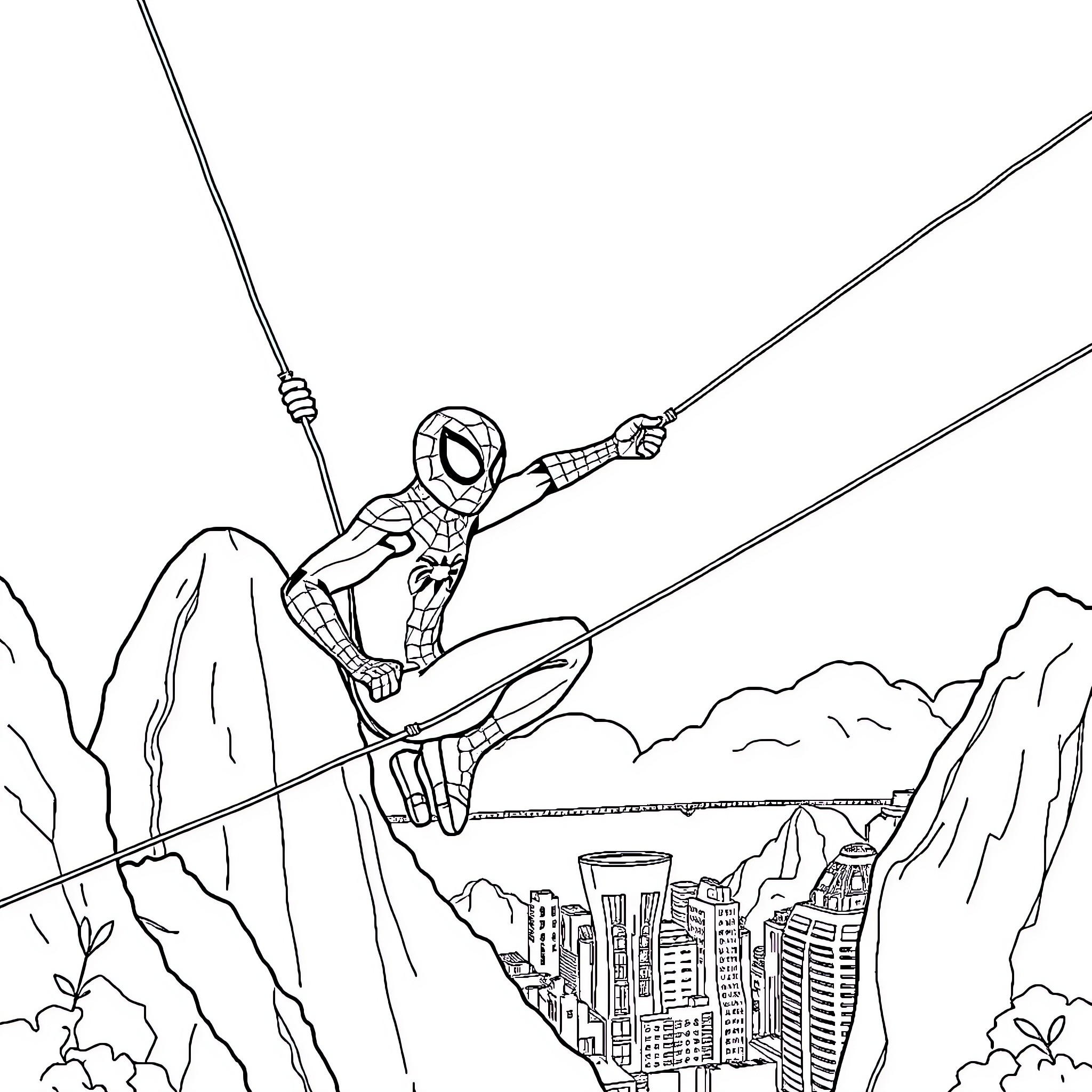 Homem-Aranha swinging through the city skyline Coloring Page (free black-and-white line drawing printable PDF for all, from beginners to advanced learners, including children, teens, adults, and seniors)