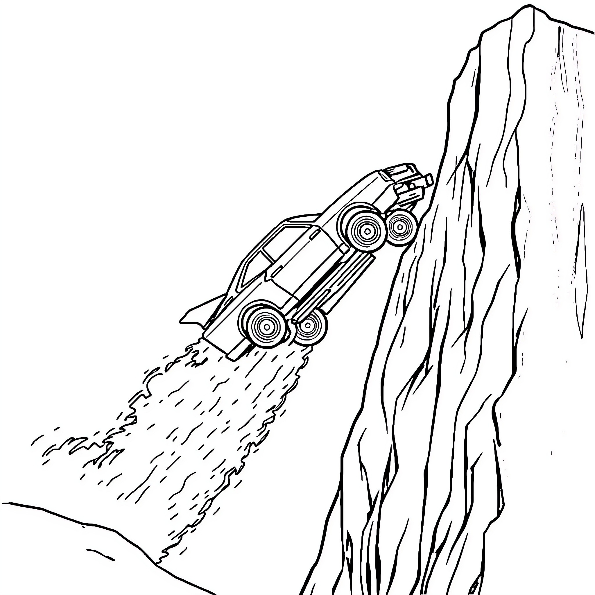 Car climbing a steep rocky cliff Coloring Page (free black-and-white line drawing printable PDF for all, from beginners to advanced learners, including children, teens, adults, and seniors)