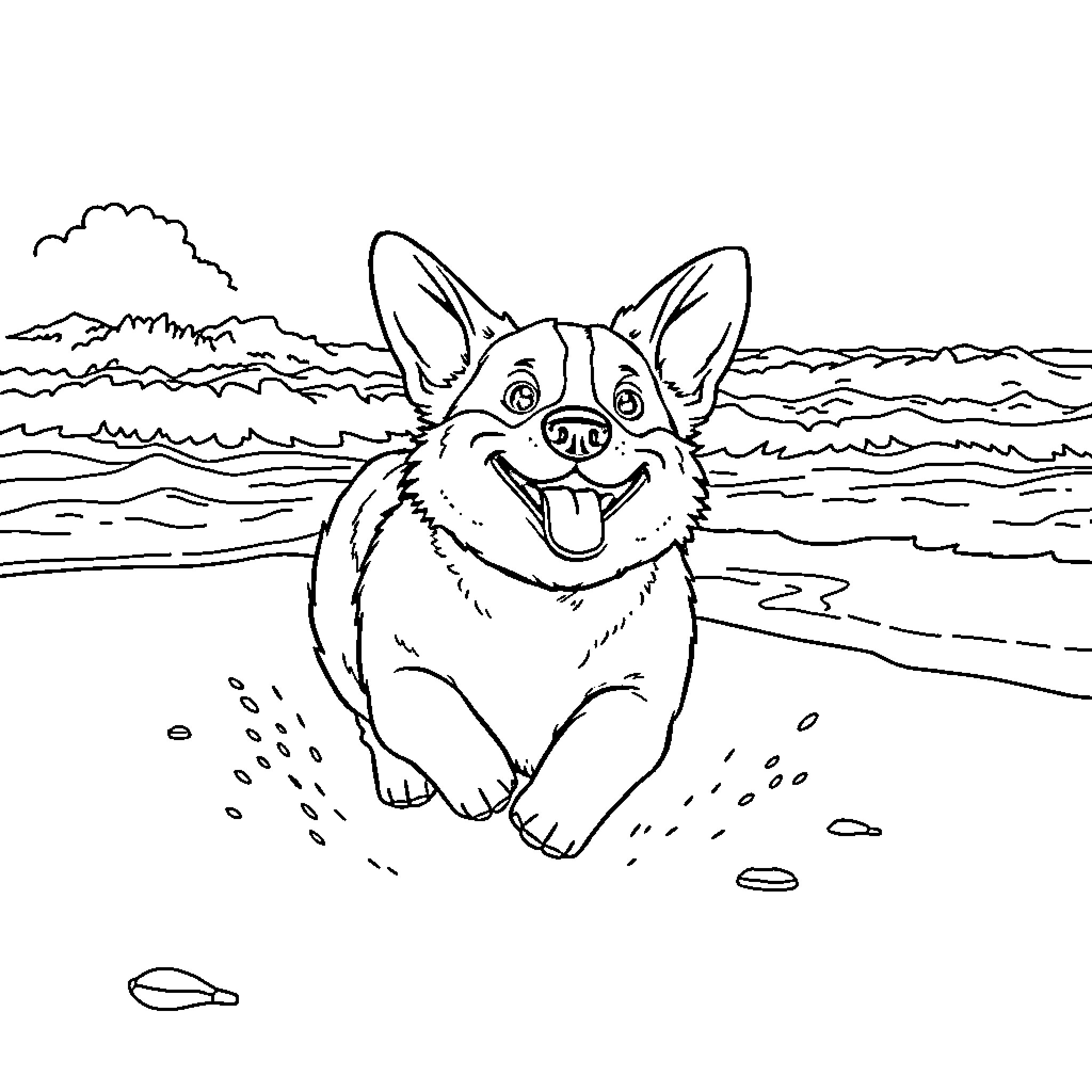 Corgi frolicking joyfully on the beach Coloring Page (free black-and-white line drawing printable PDF for all, from beginners to advanced learners, including children, teens, adults, and seniors)
