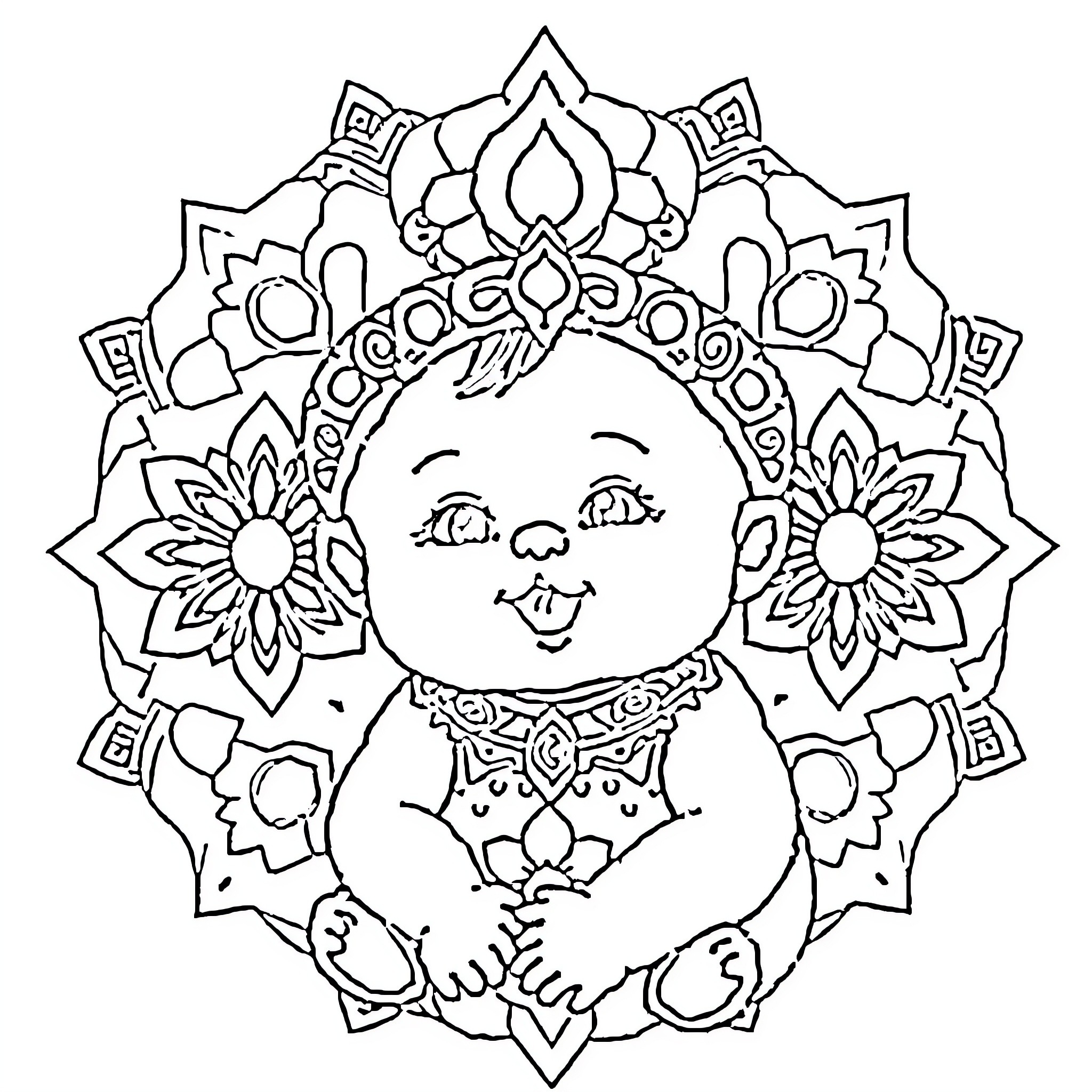 Baby in mandala floral frame Coloring Page (free black-and-white line drawing printable PDF for all, from beginners to advanced learners, including children, teens, adults, and seniors)