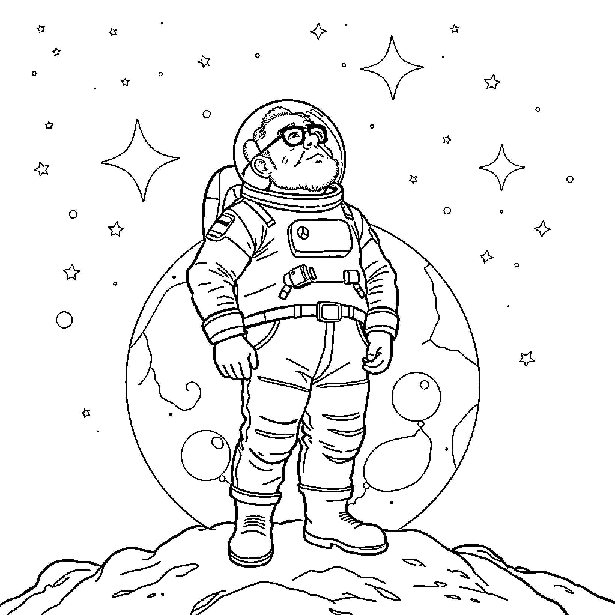 Danny DeVito as an Intrepid Space Explorer Coloring Page (free black-and-white line drawing printable PDF for all, from beginners to advanced learners, including children, teens, adults, and seniors)