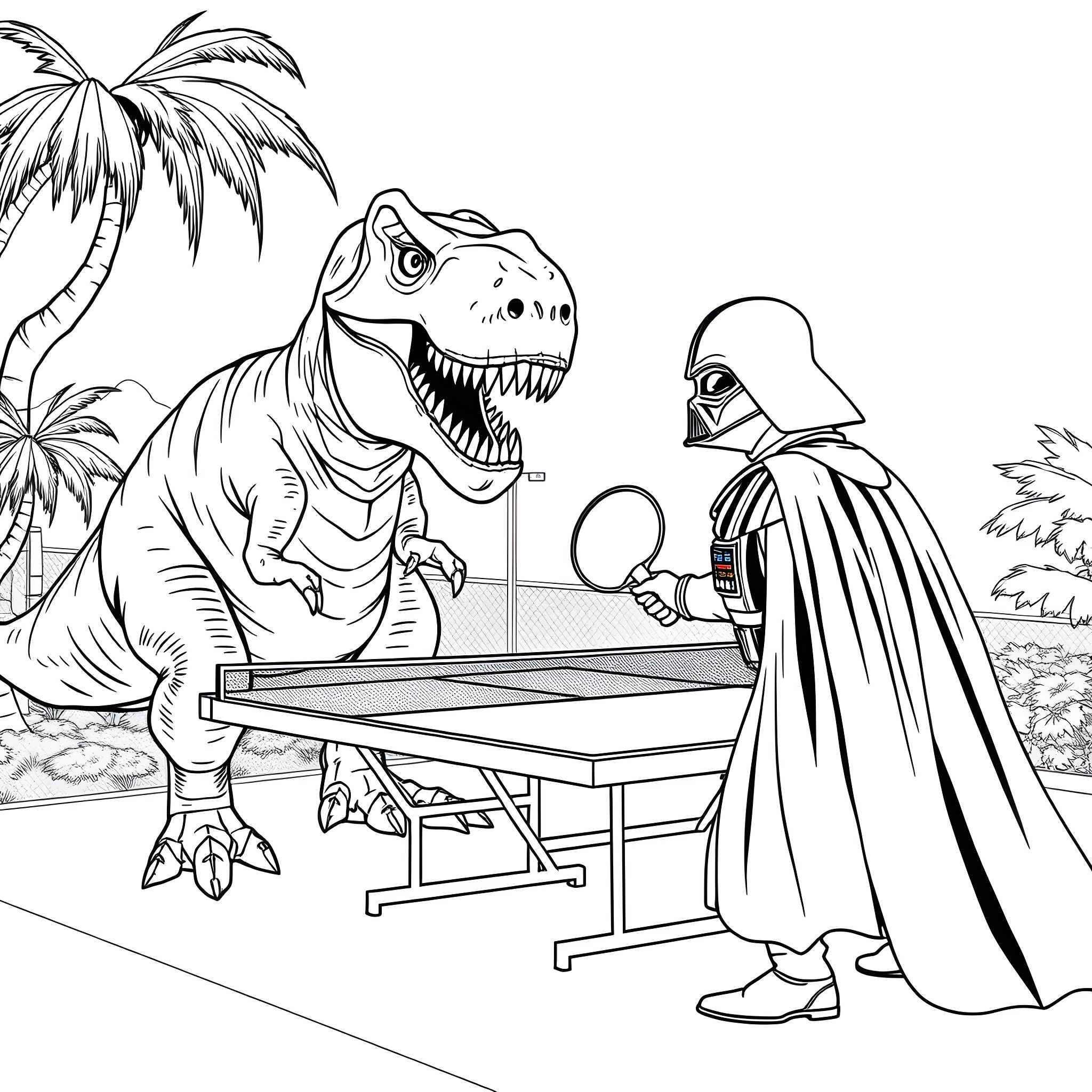 Darth Vader Playing Table Tennis with Dinosaur Coloring Page (free black-and-white line drawing printable PDF for all, from beginners to advanced learners, including children, teens, adults, and seniors)