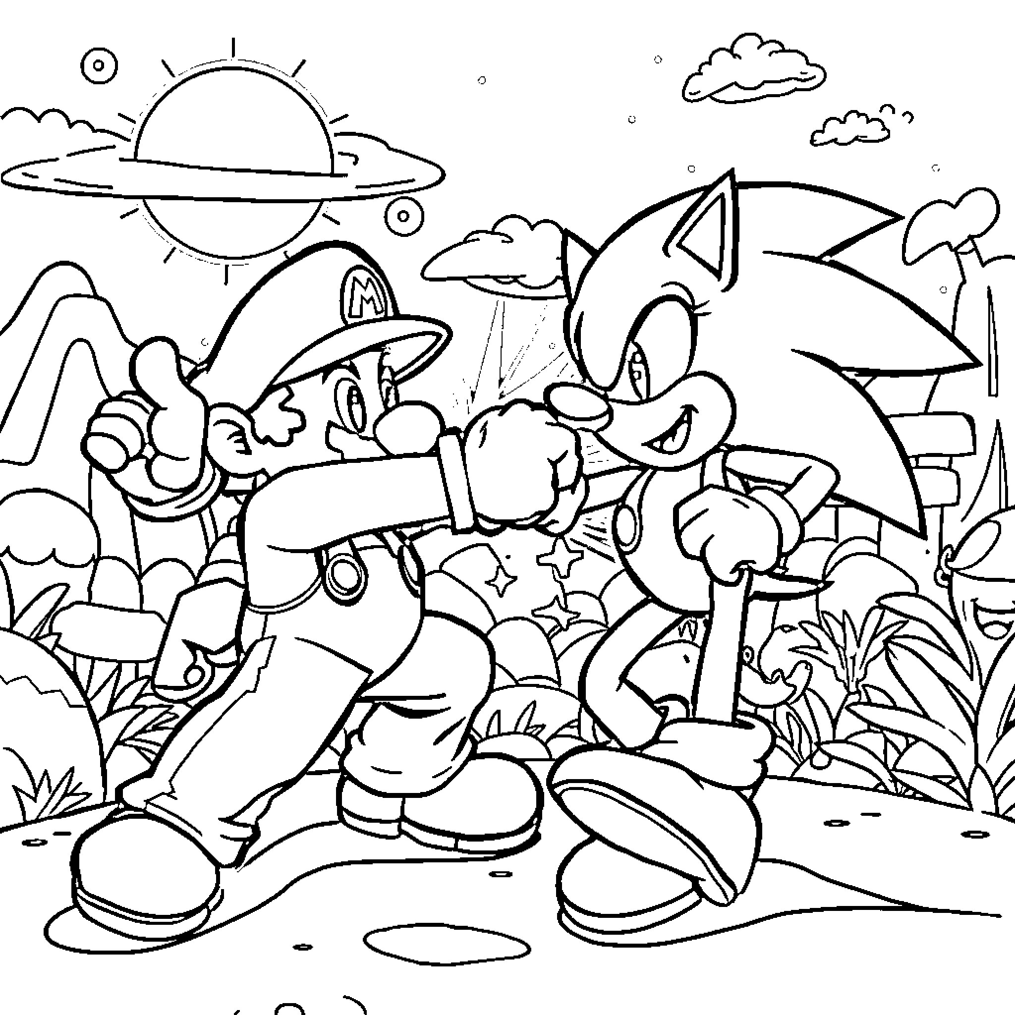 Mario and Sonic's Playful Adventure in the Outdoors Coloring Page (free black-and-white line drawing printable PDF for all, from beginners to advanced learners, including children, teens, adults, and seniors)