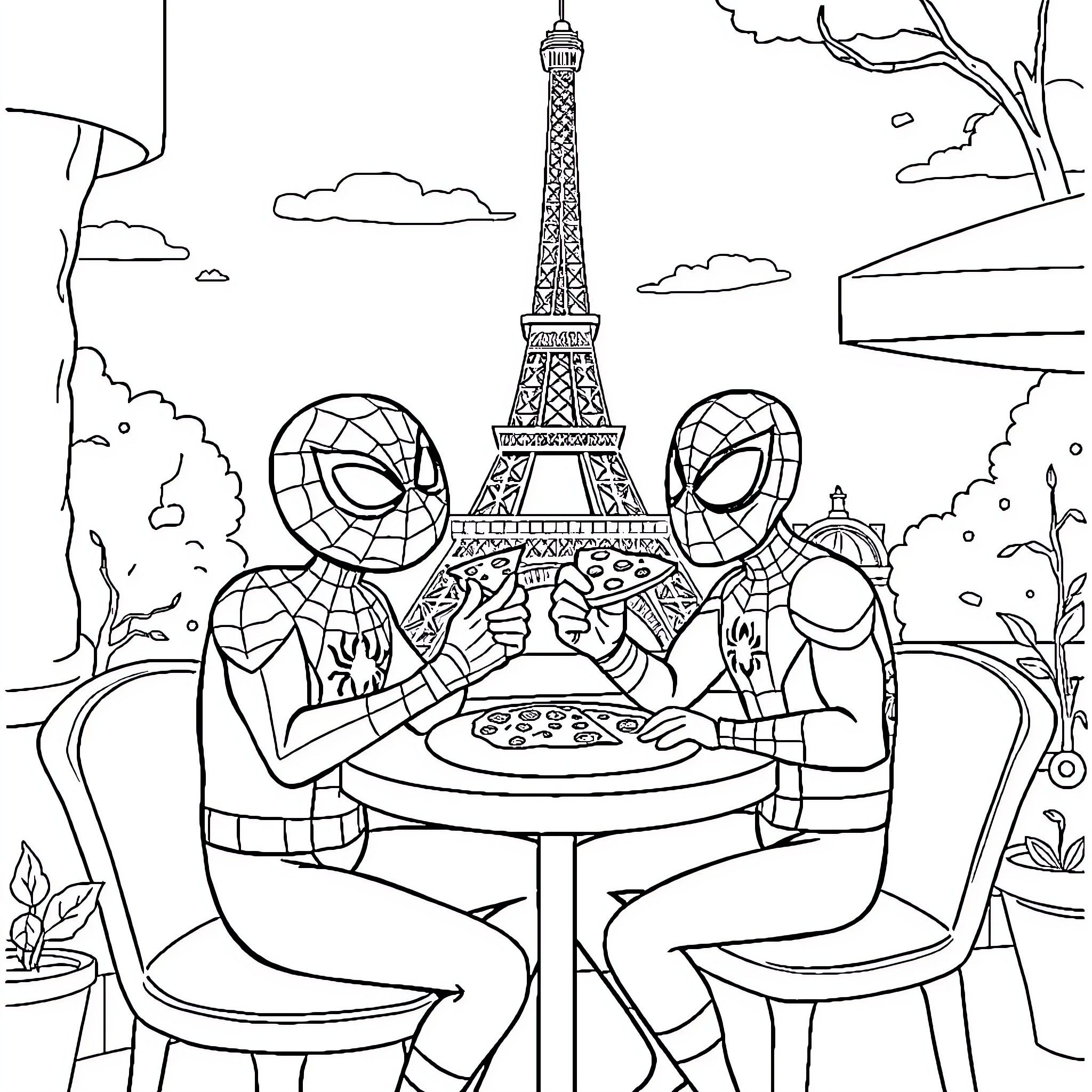 Bluey's Parisian Adventure with Spider-Men Coloring Page (free black-and-white line drawing printable PDF for all, from beginners to advanced learners, including children, teens, adults, and seniors)