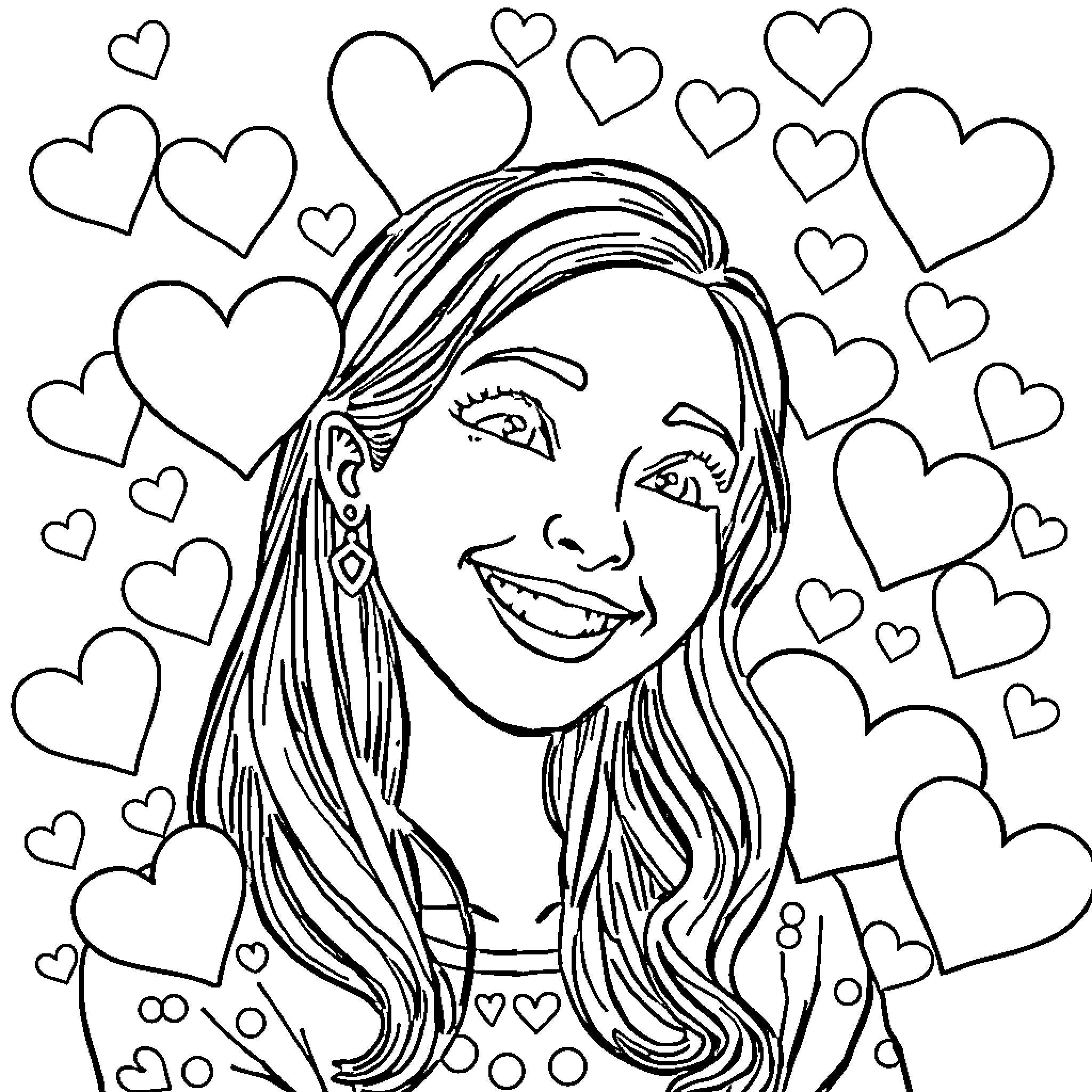 Leah's joyful expression surrounded by heart shapes Coloring Page (free black-and-white line drawing printable PDF for all, from beginners to advanced learners, including children, teens, adults, and seniors)