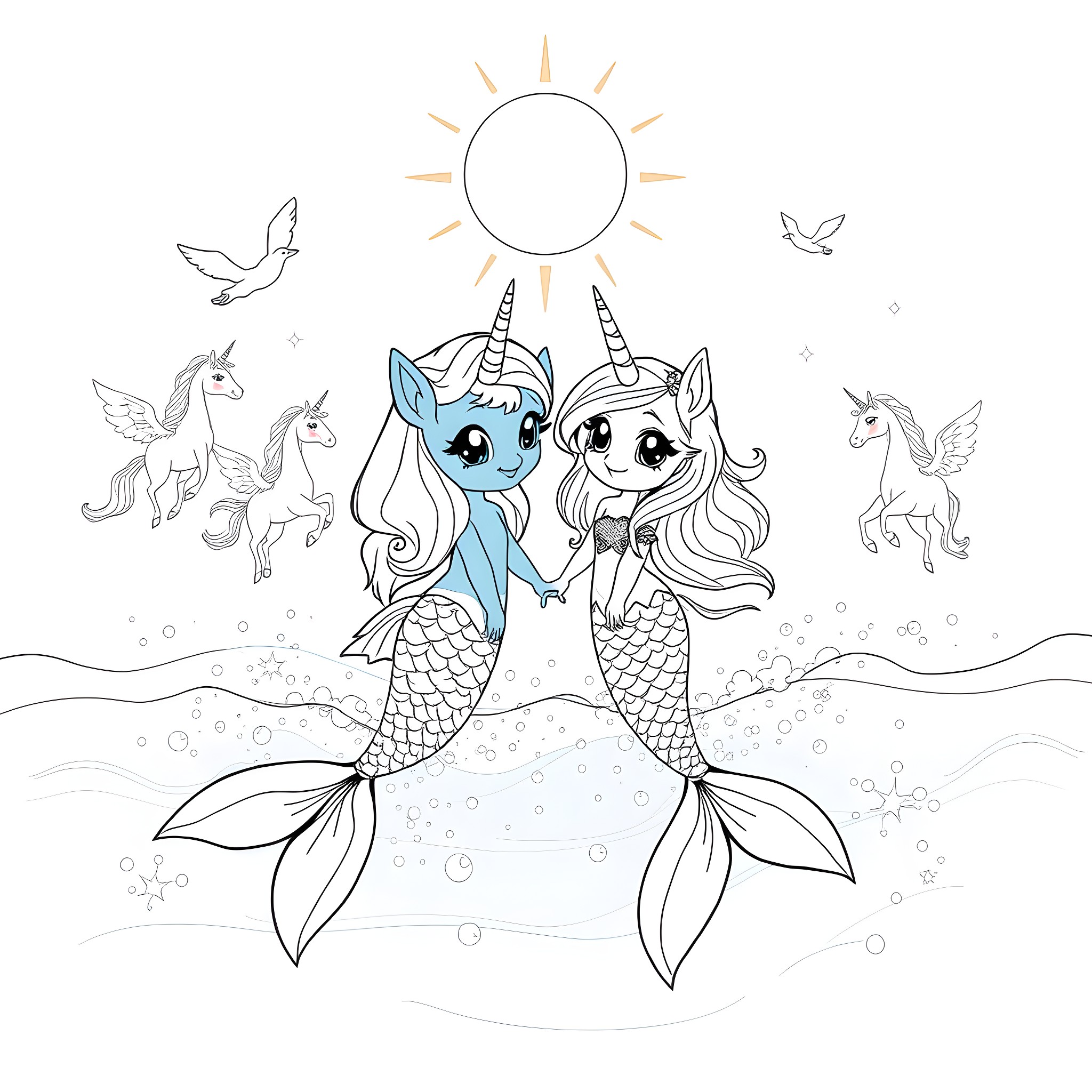 Bluey Mermaid Friends Explore the Underwater World Coloring Page (free black-and-white line drawing printable PDF for all, from beginners to advanced learners, including children, teens, adults, and seniors)