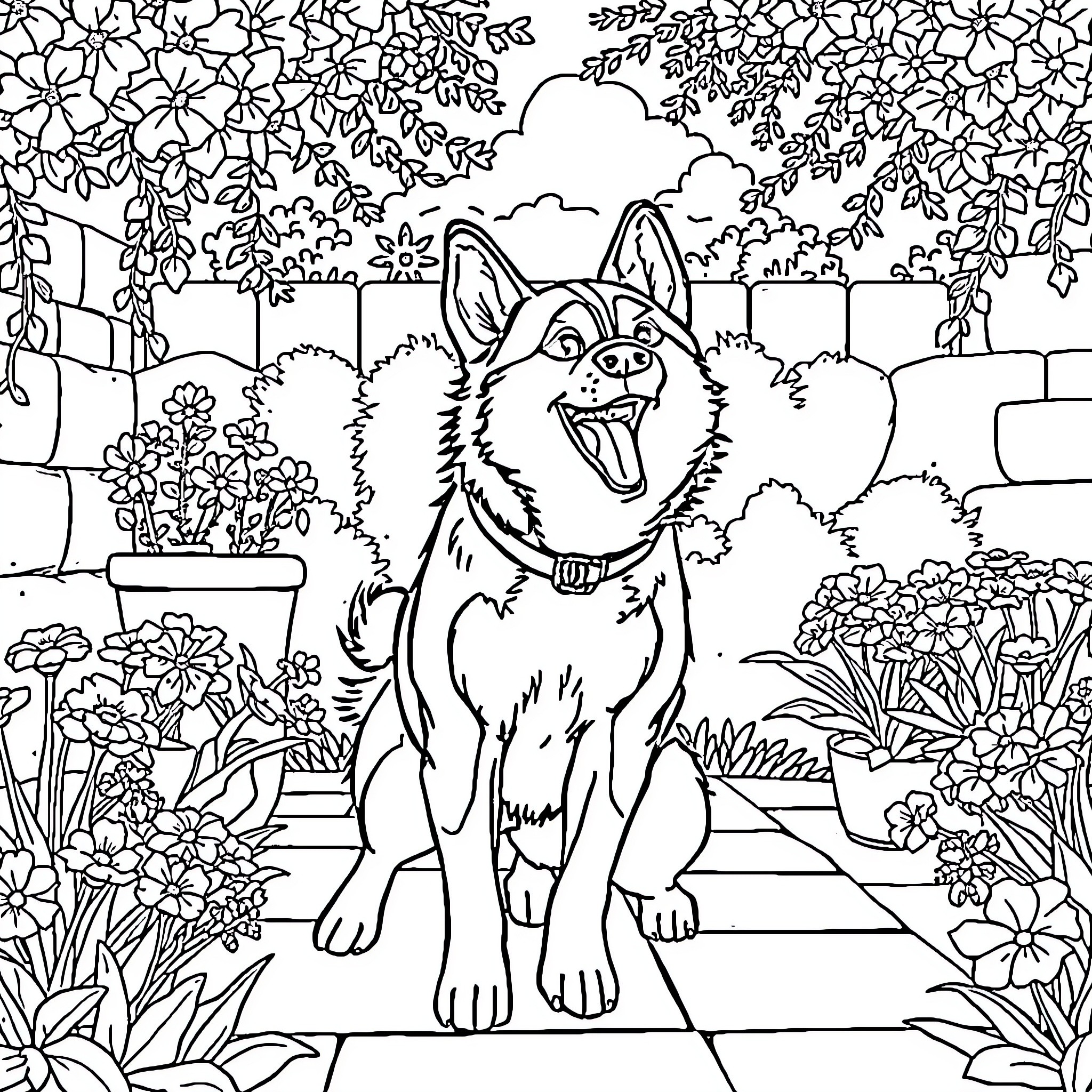 Husky exploring a vibrant garden Coloring Page (free black-and-white line drawing printable PDF for all, from beginners to advanced learners, including children, teens, adults, and seniors)
