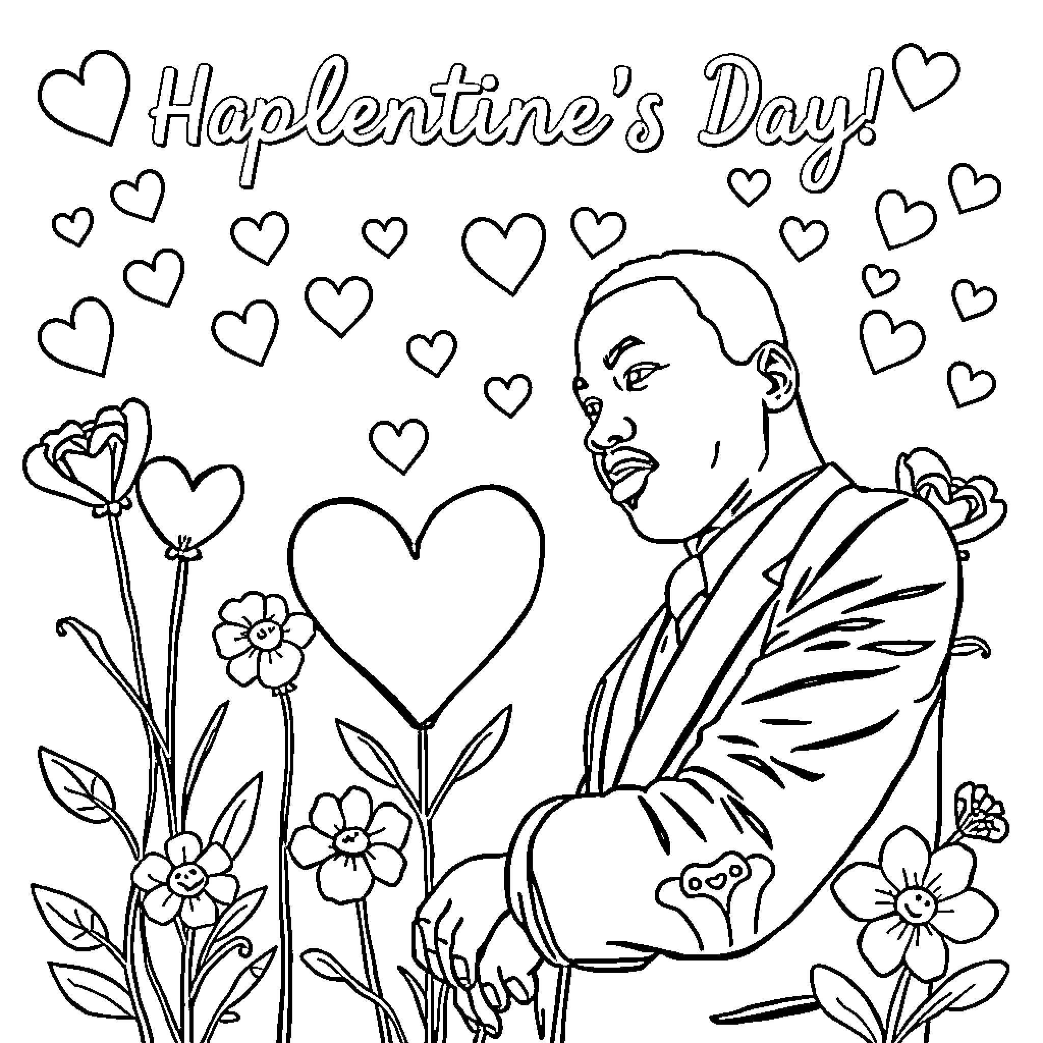 Martin Luther King Jr. Celebrating Valentine's Day with Flowers Coloring Page (free black-and-white line drawing printable PDF for all, from beginners to advanced learners, including children, teens, adults, and seniors)