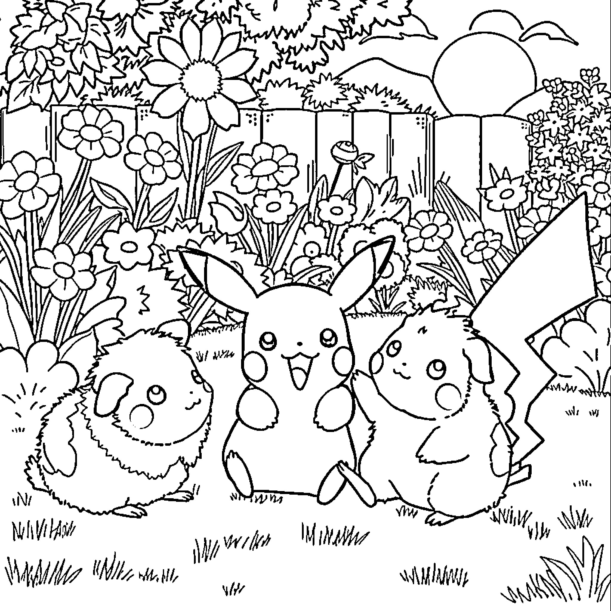 Pikachu and friends in a colorful garden Coloring Page (free black-and-white line drawing printable PDF for all, from beginners to advanced learners, including children, teens, adults, and seniors)