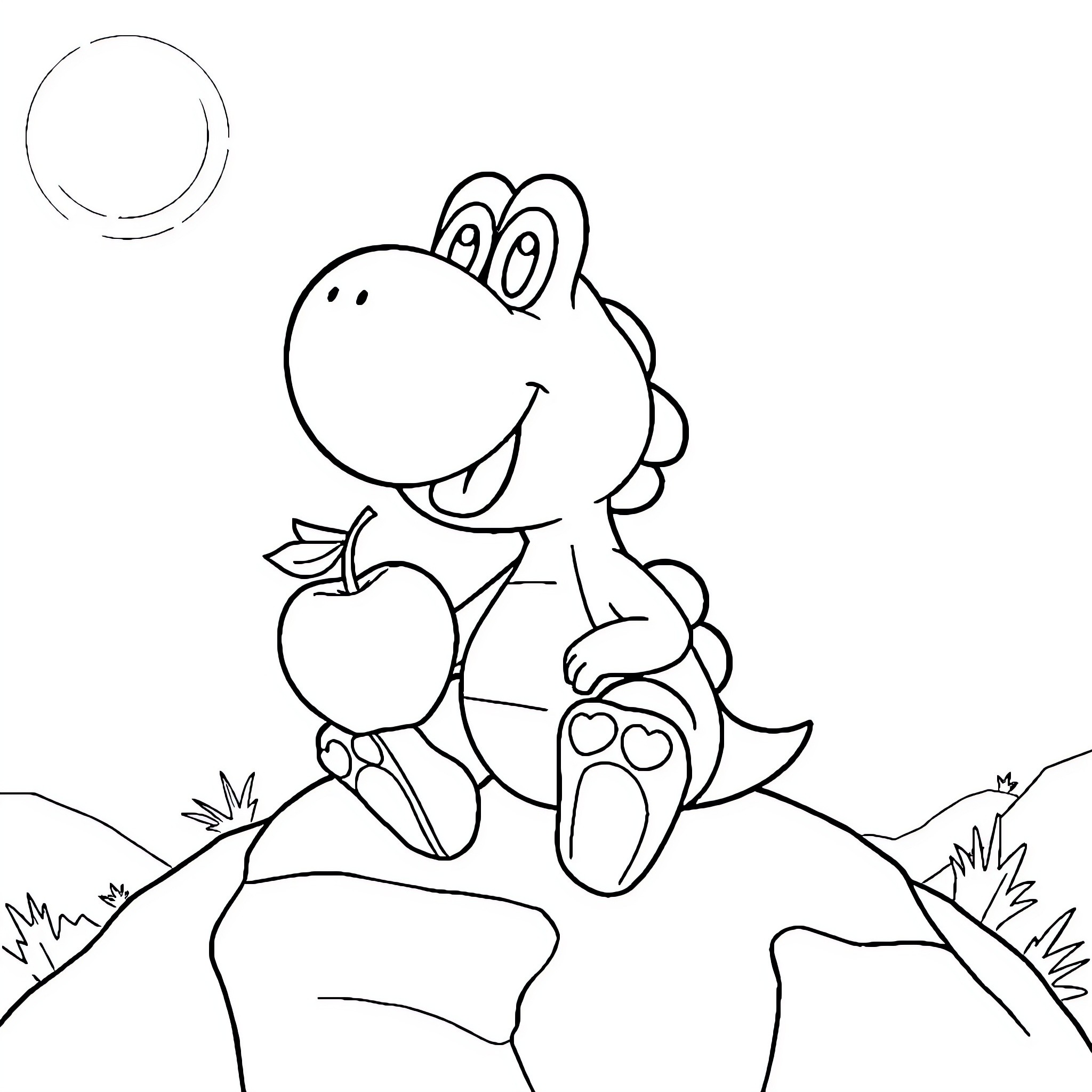 Yoshi eating an apple in the outdoors Coloring Page (free black-and-white line drawing printable PDF for all, from beginners to advanced learners, including children, teens, adults, and seniors)