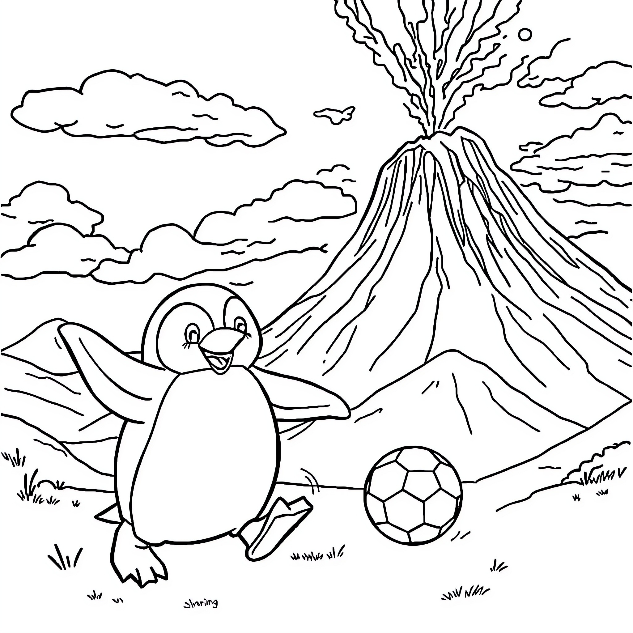 Penguin playing with soccer ball near volcanic mountain Coloring Page (free black-and-white line drawing printable PDF for all, from beginners to advanced learners, including children, teens, adults, and seniors)