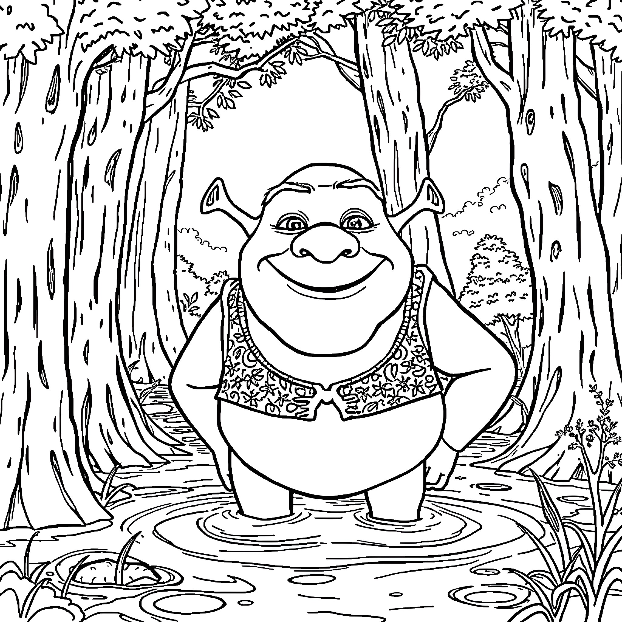 Shrek Smiling in the Enchanted Forest Coloring Page (free black-and-white line drawing printable PDF for all, from beginners to advanced learners, including children, teens, adults, and seniors)