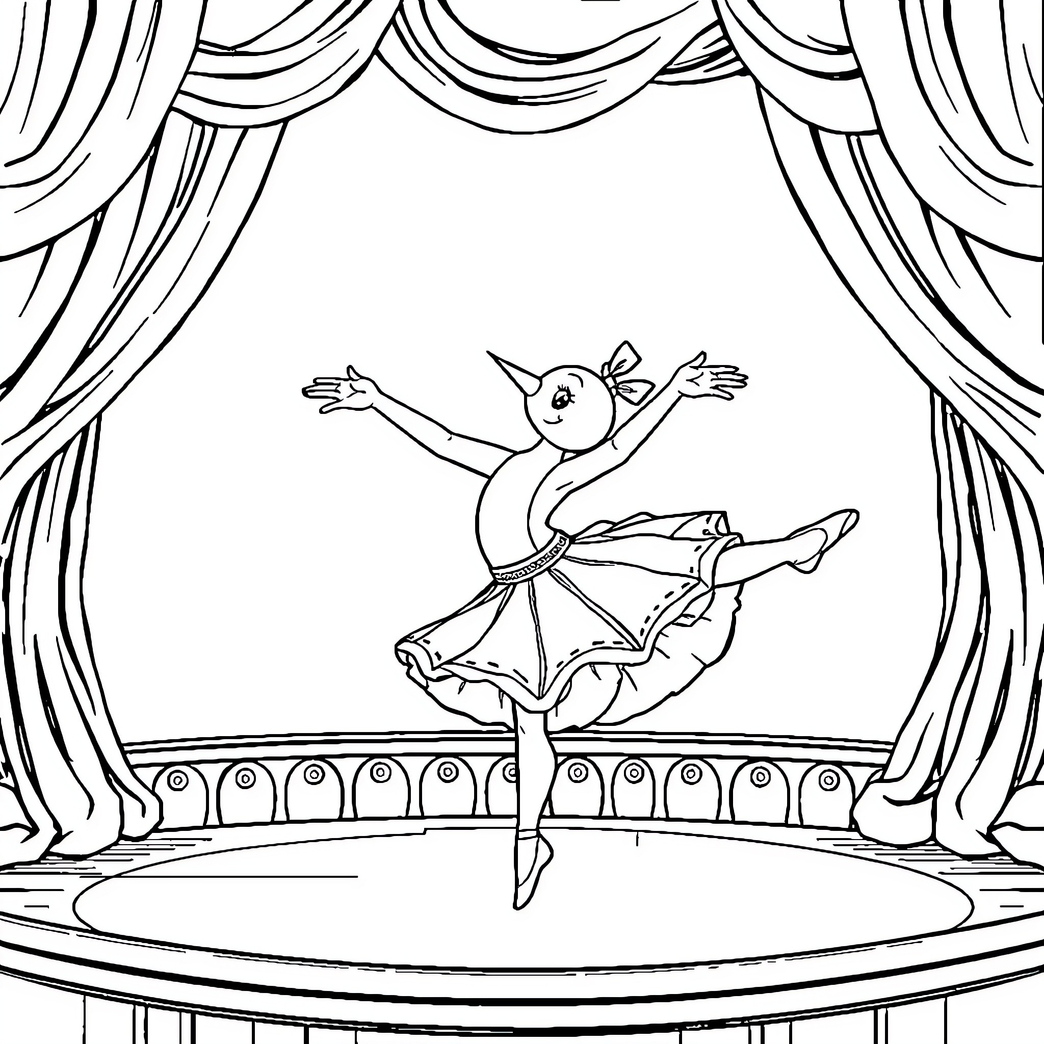Paw Patrol Character Performing Ballet on Stage Coloring Page (free black-and-white line drawing printable PDF for all, from beginners to advanced learners, including children, teens, adults, and seniors)