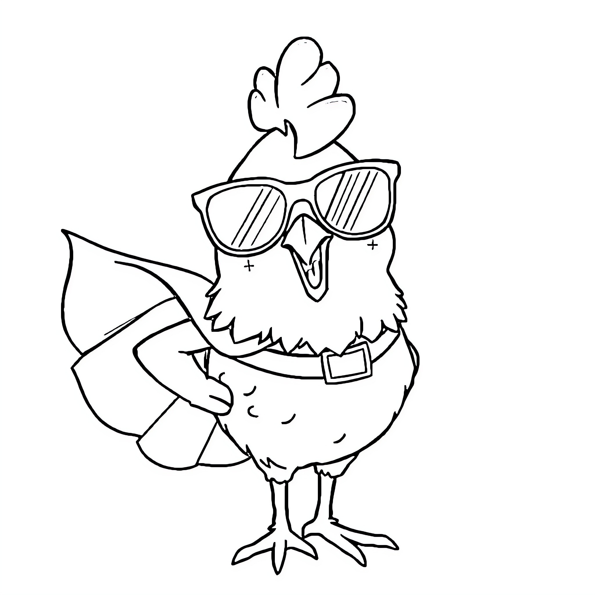 Chicken wearing cool sunglasses and posing Coloring Page (free black-and-white line drawing printable PDF for all, from beginners to advanced learners, including children, teens, adults, and seniors)