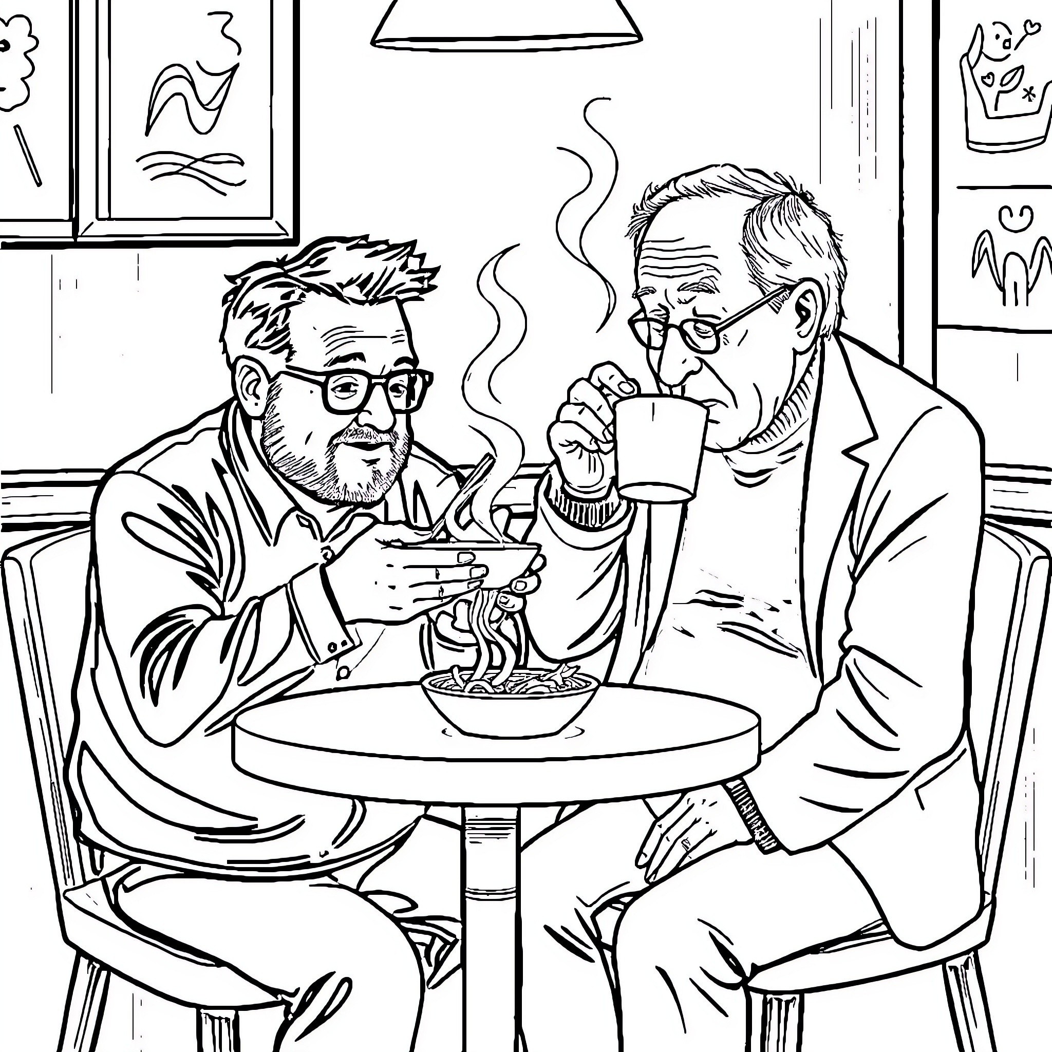 Louis CK enjoying coffee with a friend Coloring Page (free black-and-white line drawing printable PDF for all, from beginners to advanced learners, including children, teens, adults, and seniors)