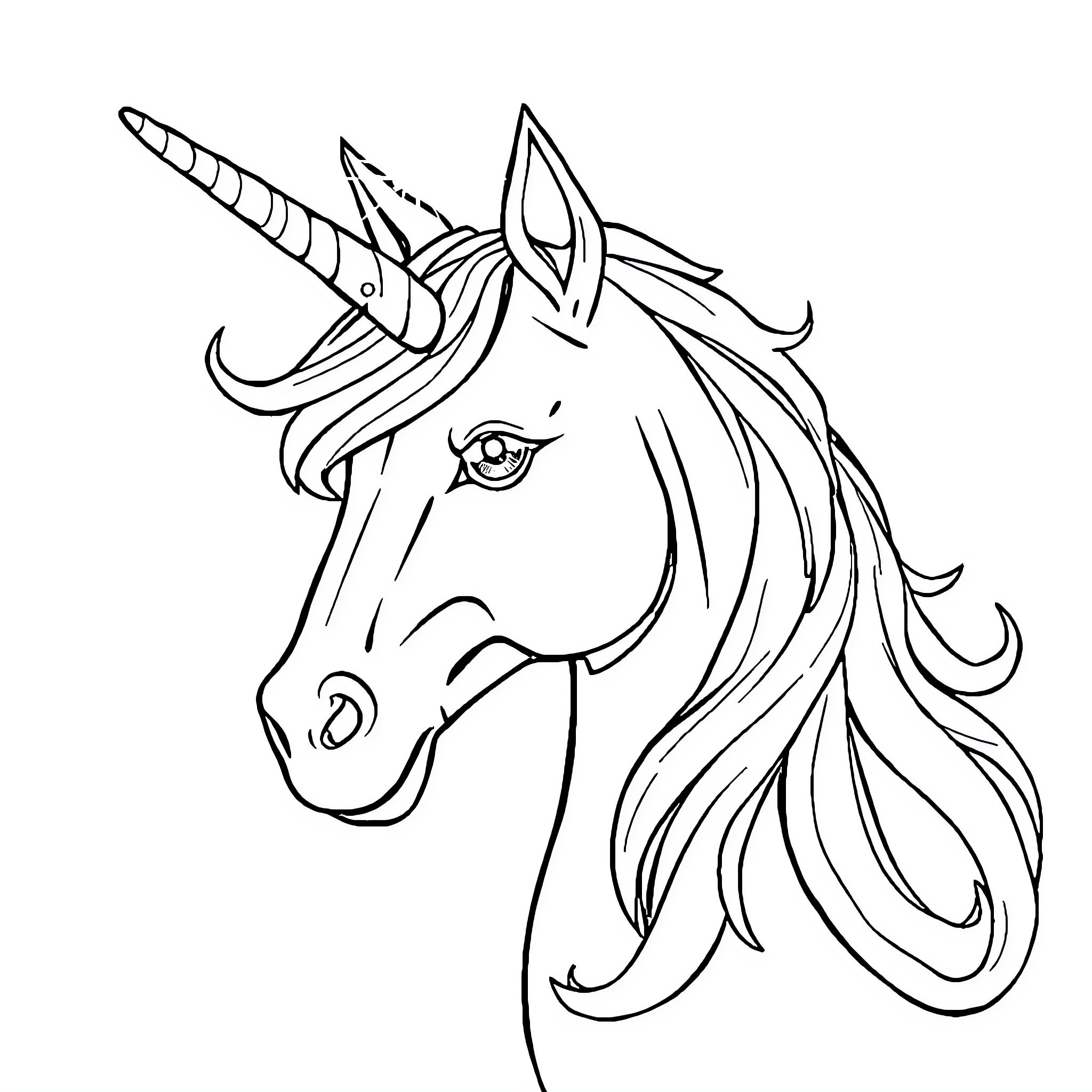 Unicorn with flowing mane and magical horn Coloring Page (free black-and-white line drawing printable PDF for all, from beginners to advanced learners, including children, teens, adults, and seniors)