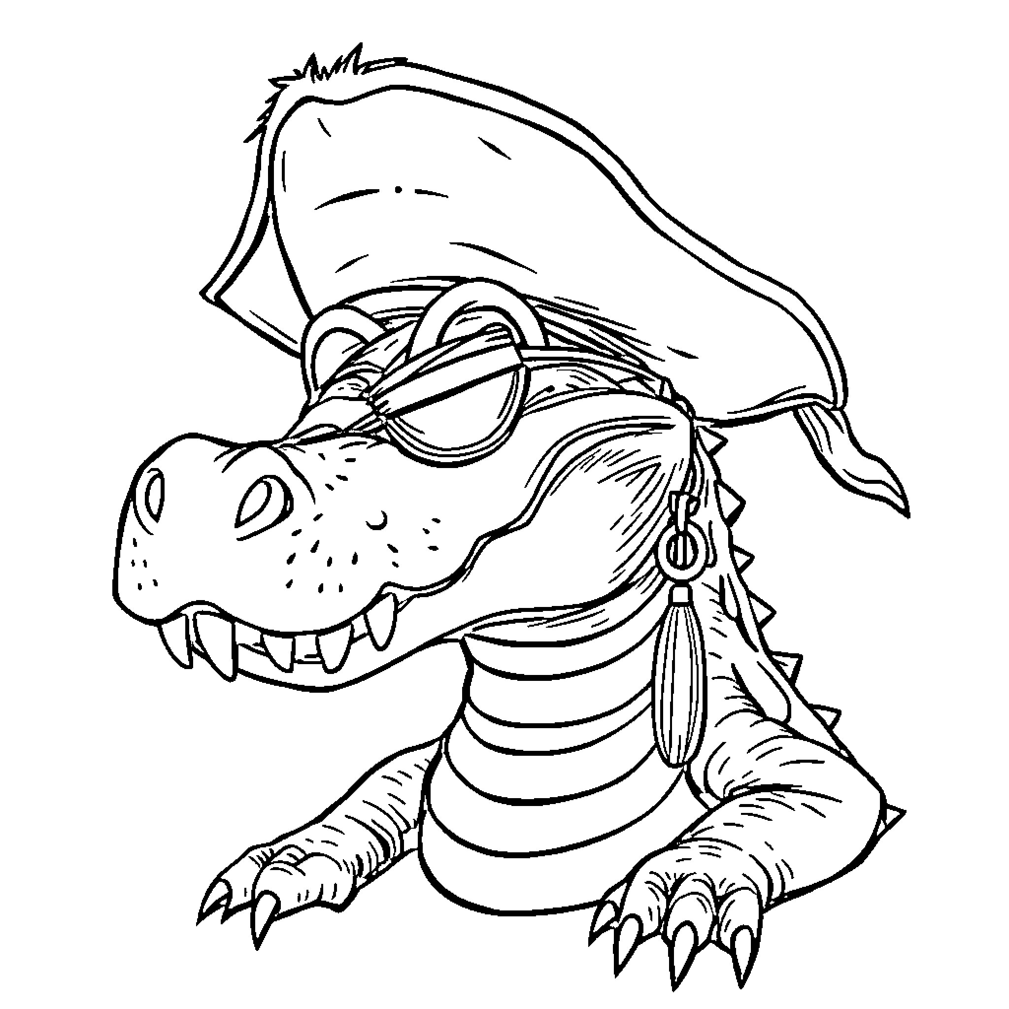 Crocodile dressed as a pirate Coloring Page (free black-and-white line drawing printable PDF for all, from beginners to advanced learners, including children, teens, adults, and seniors)