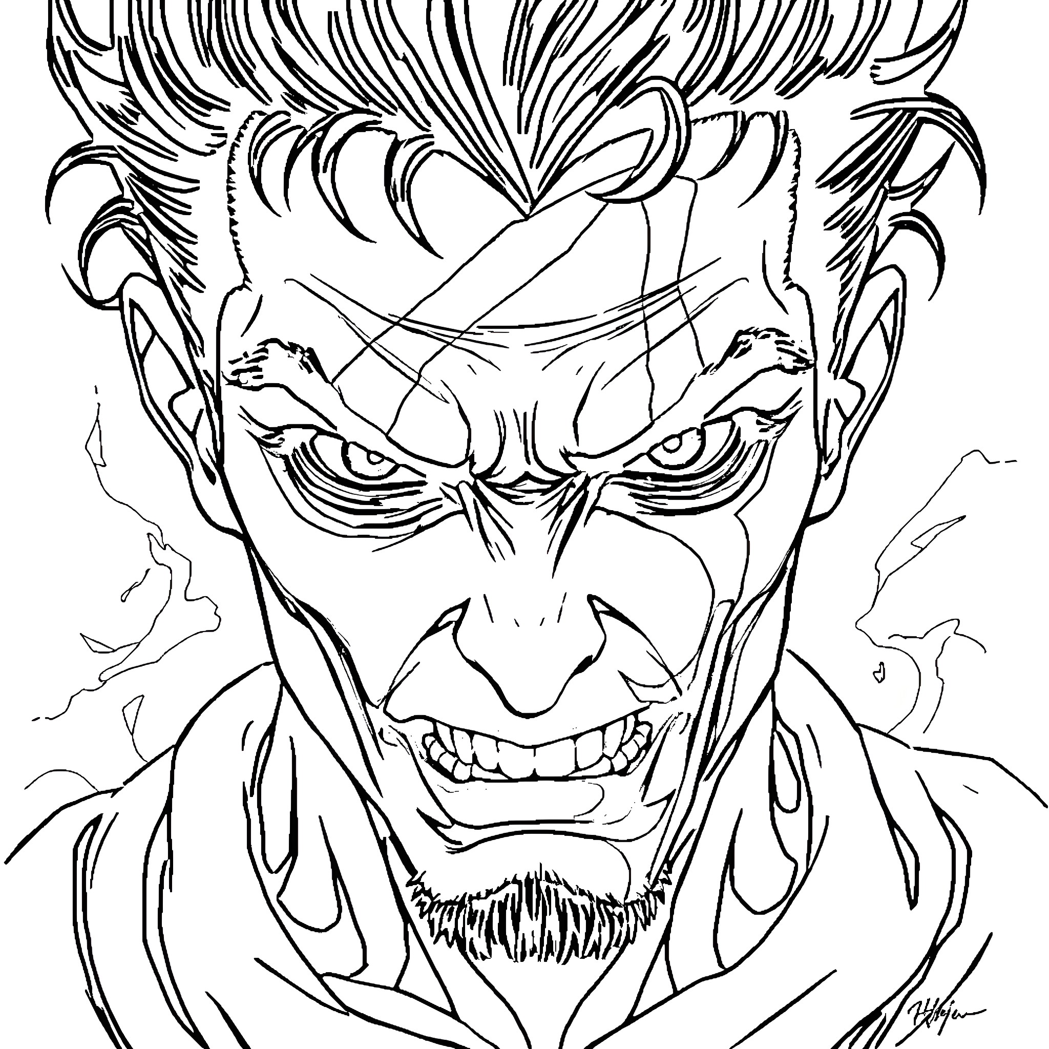 Pain of a Tortured Villain's Intense Gaze Coloring Page (free black-and-white line drawing printable PDF for all, from beginners to advanced learners, including children, teens, adults, and seniors)