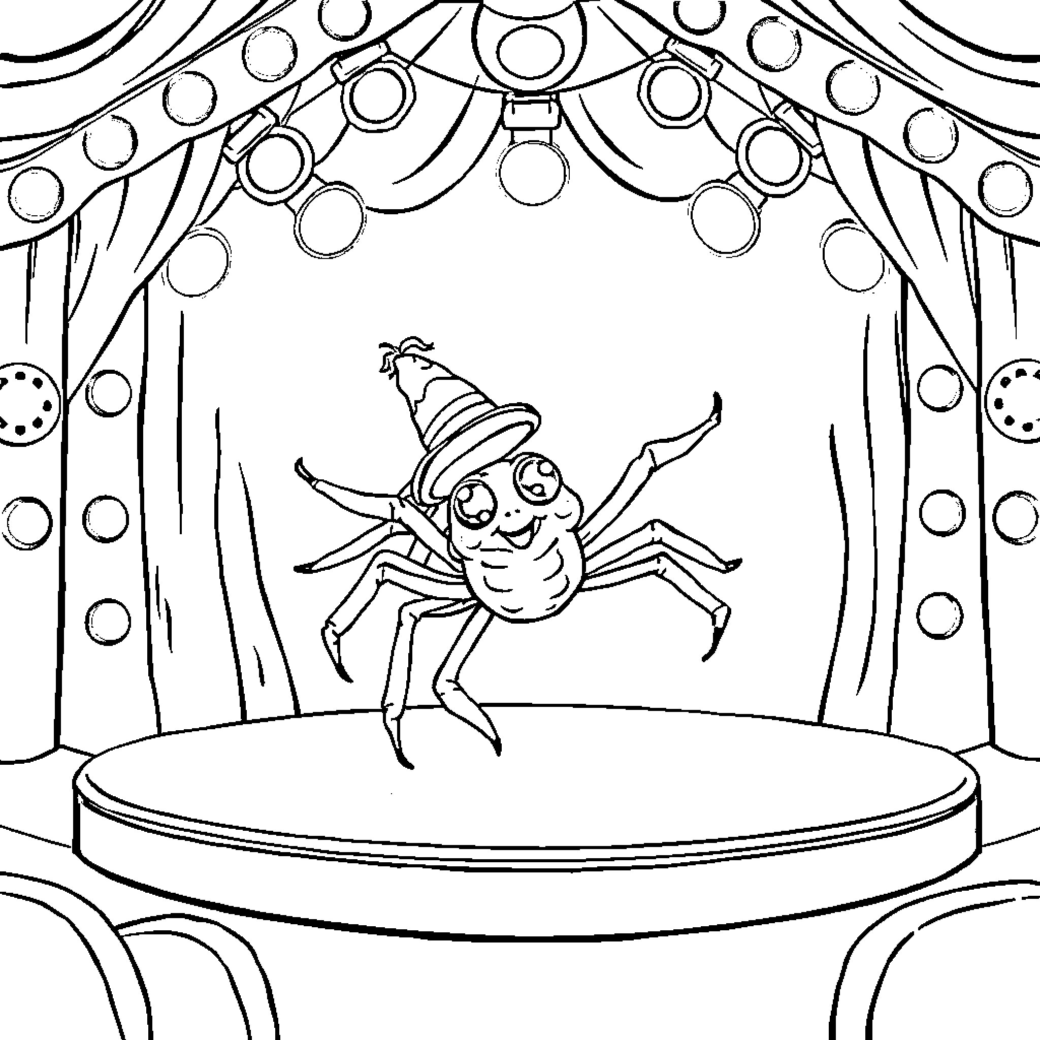 Spider Performing a Happy Dance on Stage Coloring Page (free black-and-white line drawing printable PDF for all, from beginners to advanced learners, including children, teens, adults, and seniors)