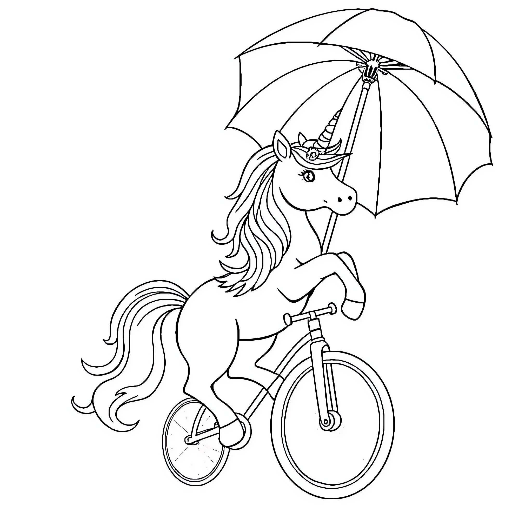 Unicorn riding bicycle with umbrella Coloring Page (free black-and-white line drawing printable PDF for all, from beginners to advanced learners, including children, teens, adults, and seniors)