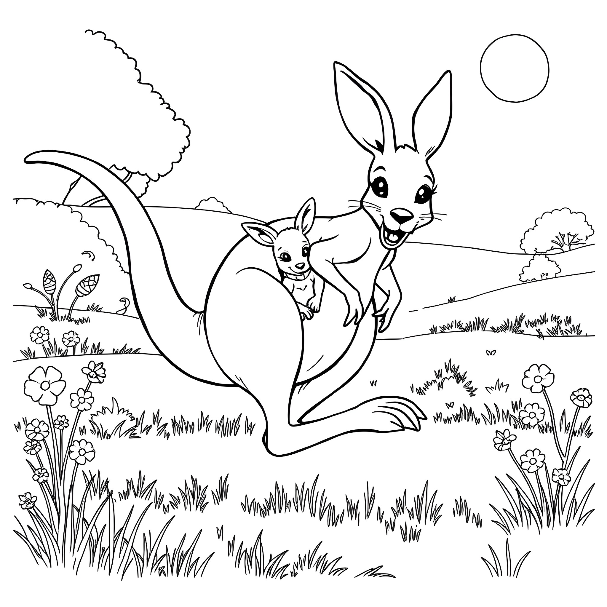 Kangaroos hopping in the meadow Coloring Page (free black-and-white line drawing printable PDF for all, from beginners to advanced learners, including children, teens, adults, and seniors)
