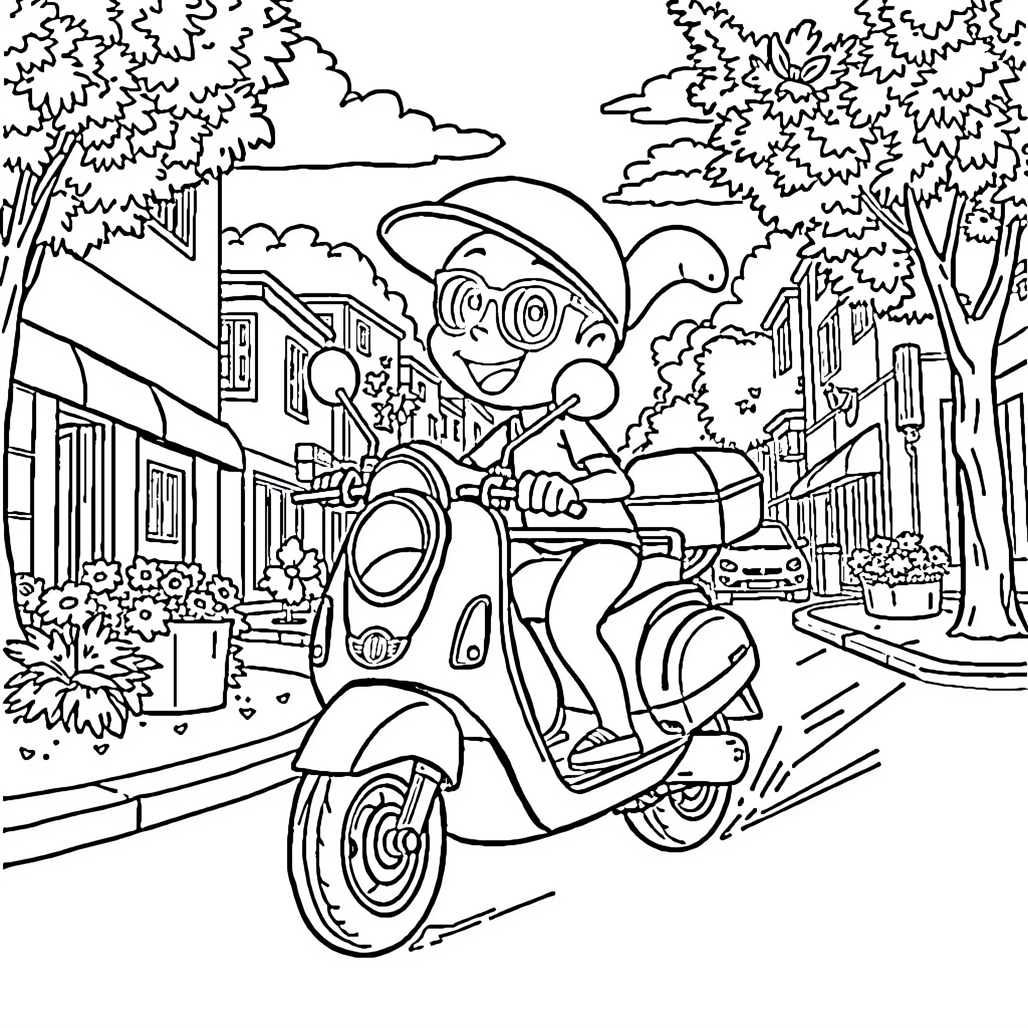 Bluey riding a scooter down a city street Coloring Page (free black-and-white line drawing printable PDF for all, from beginners to advanced learners, including children, teens, adults, and seniors)