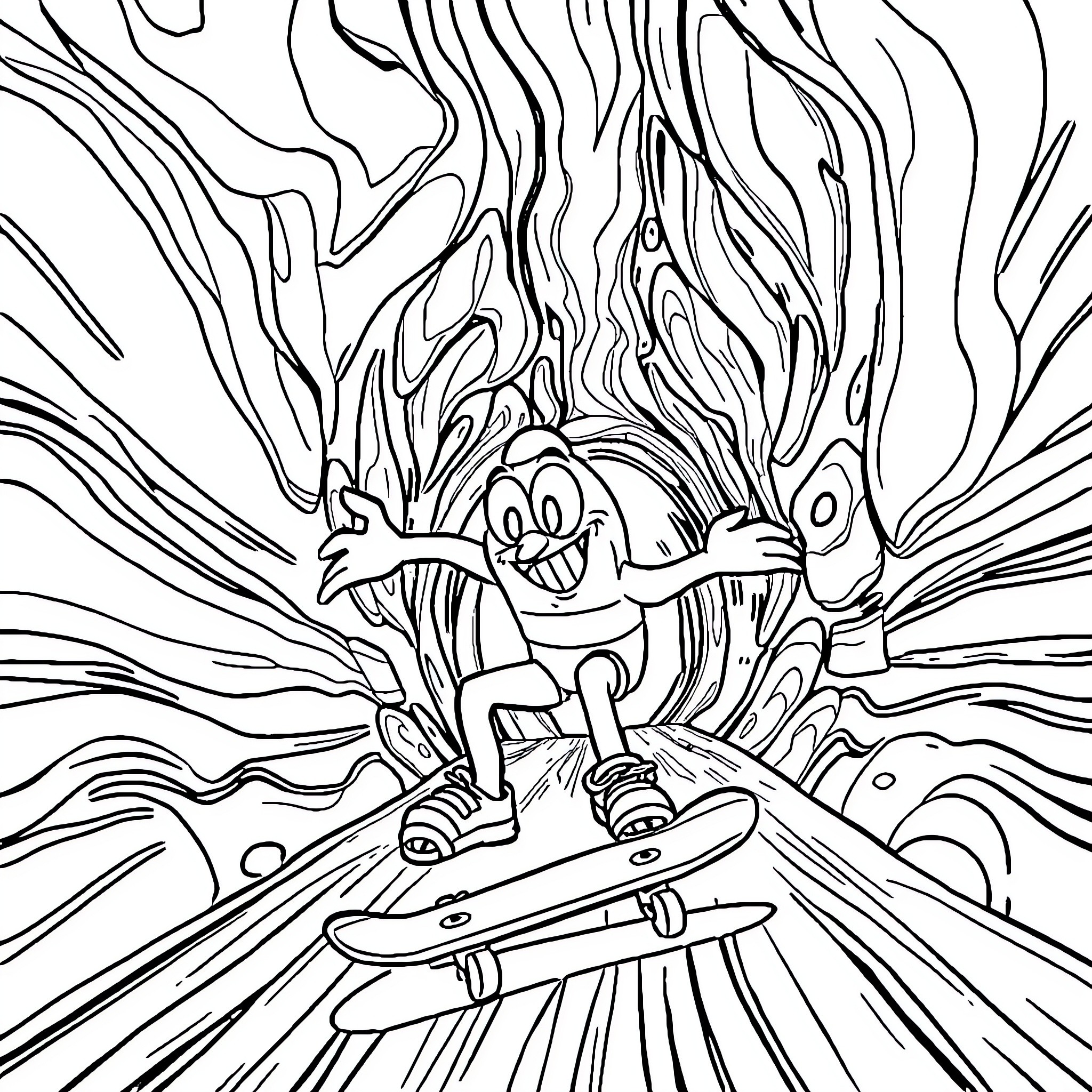 Bob l'éponge riding a skateboard in a wild environment Coloring Page (free black-and-white line drawing printable PDF for all, from beginners to advanced learners, including children, teens, adults, and seniors)