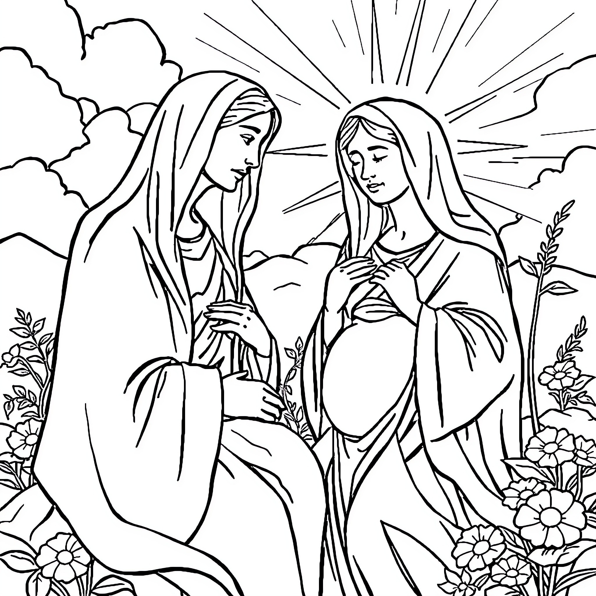 Mystery of the Sacred Meeting Coloring Page (free black-and-white line drawing printable PDF for all, from beginners to advanced learners, including children, teens, adults, and seniors)