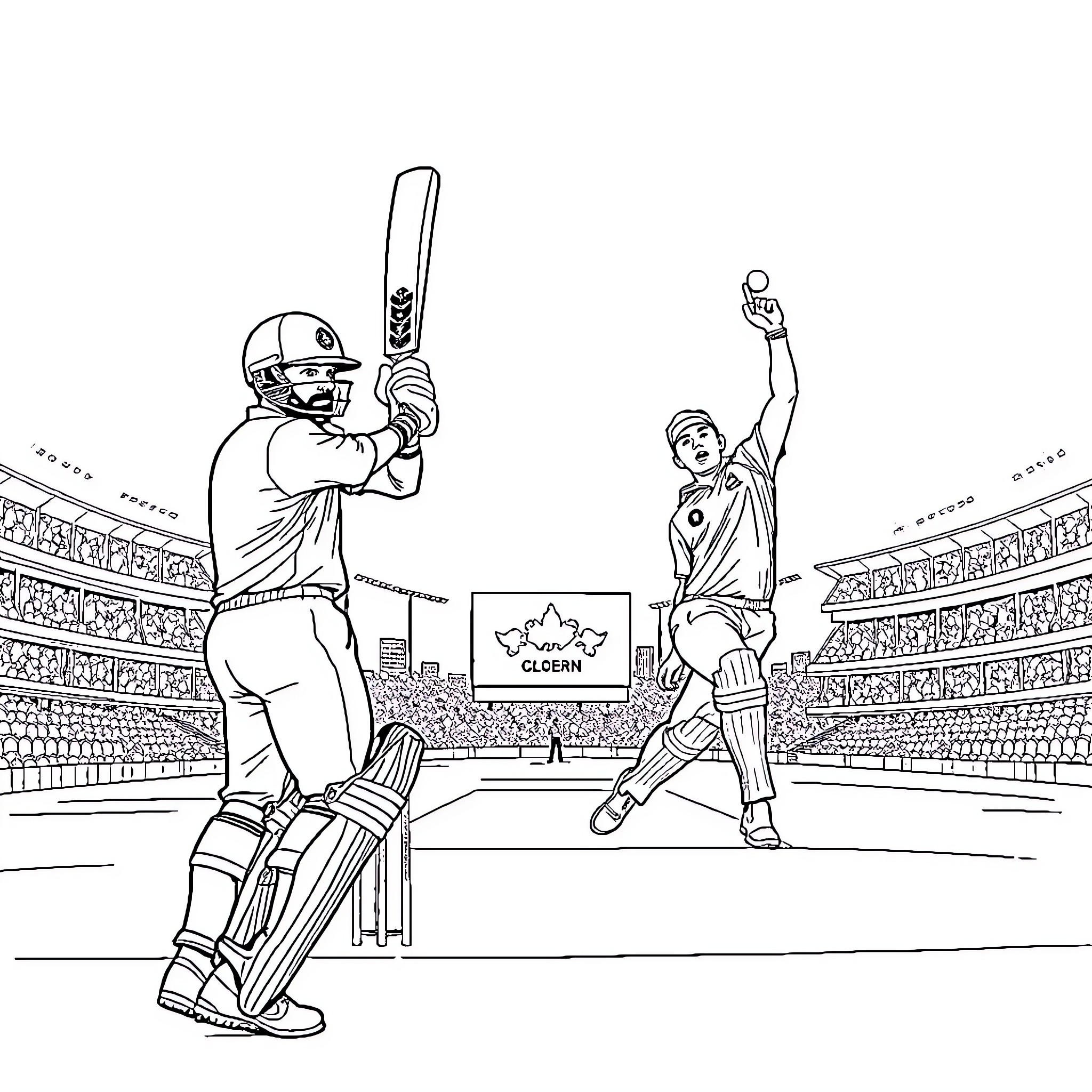 Cricket match action and enthusiasm in the stadium Coloring Page (free black-and-white line drawing printable PDF for all, from beginners to advanced learners, including children, teens, adults, and seniors)