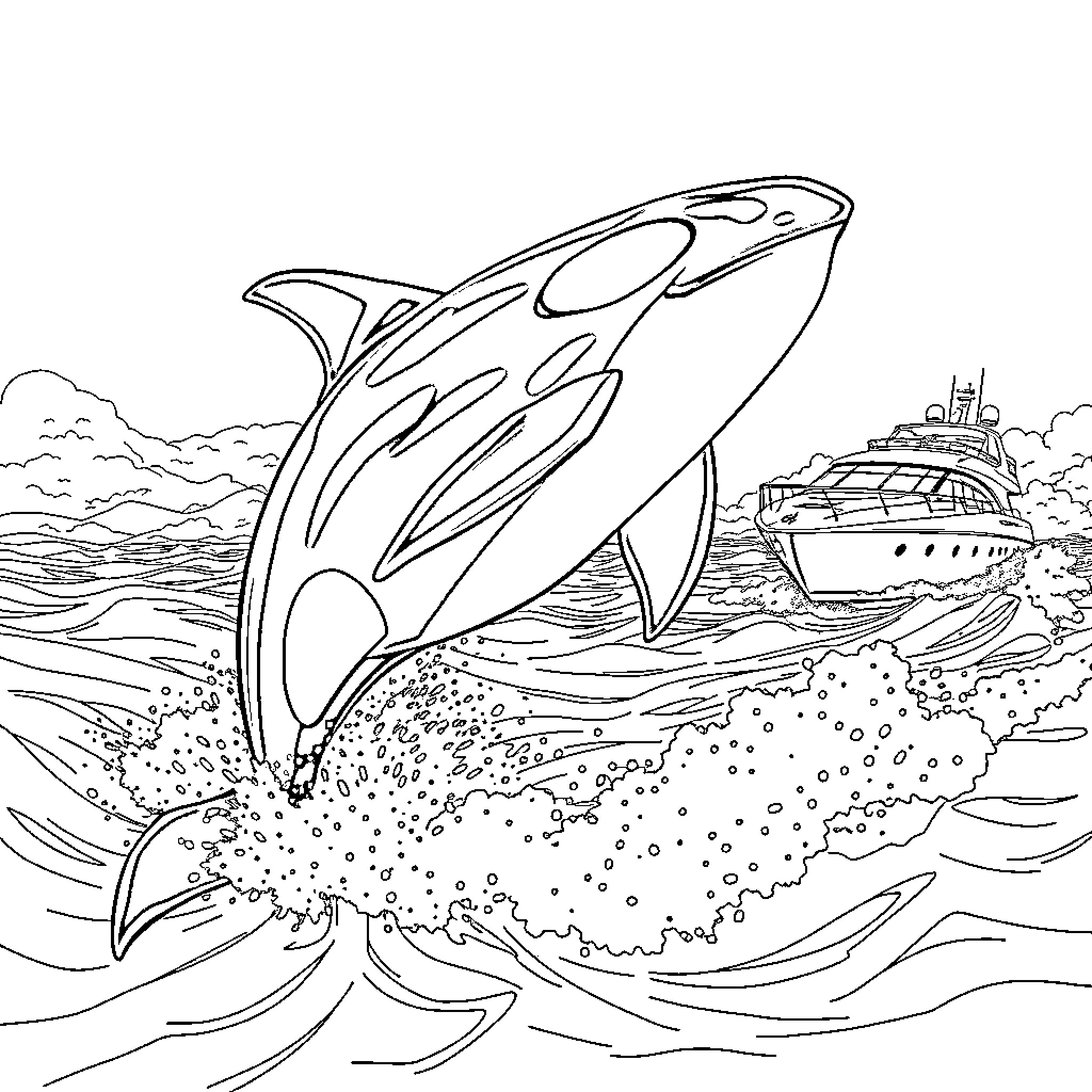 Orca leaping out of the ocean near a ship Coloring Page (free black-and-white line drawing printable PDF for all, from beginners to advanced learners, including children, teens, adults, and seniors)