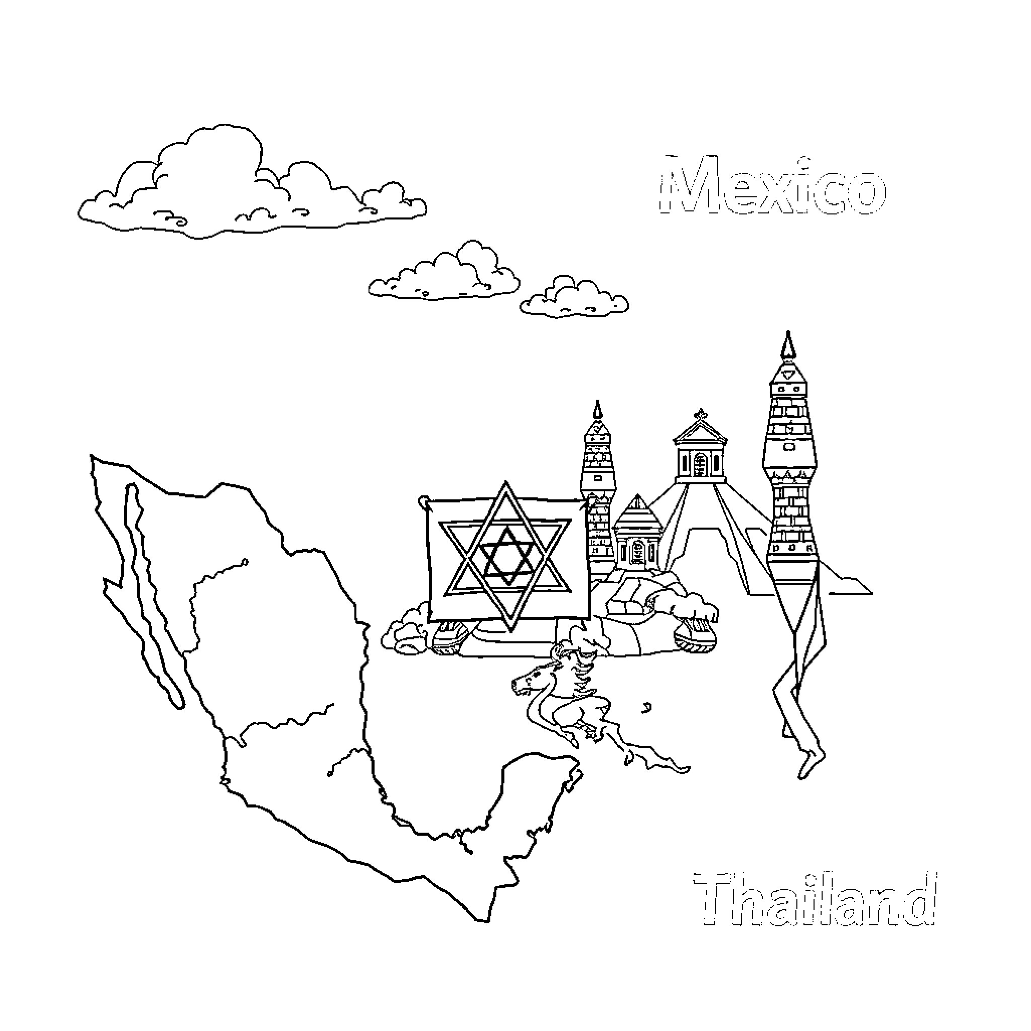 Country Landmarks and Symbols of Mexico and Thailand Coloring Page (free black-and-white line drawing printable PDF for all, from beginners to advanced learners, including children, teens, adults, and seniors)