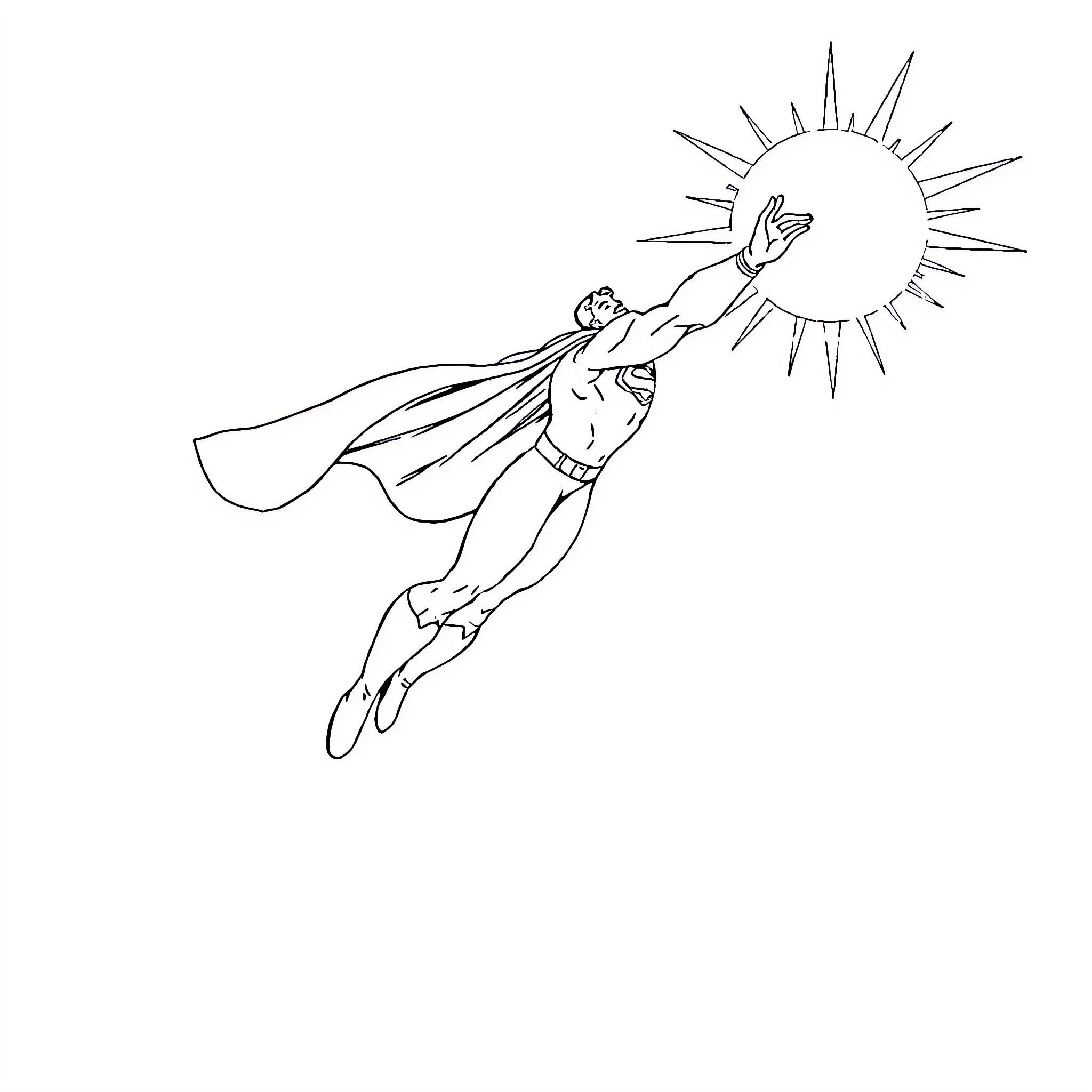 Superman flying powerfully towards the sun Coloring Page (free black-and-white line drawing printable PDF for all, from beginners to advanced learners, including children, teens, adults, and seniors)